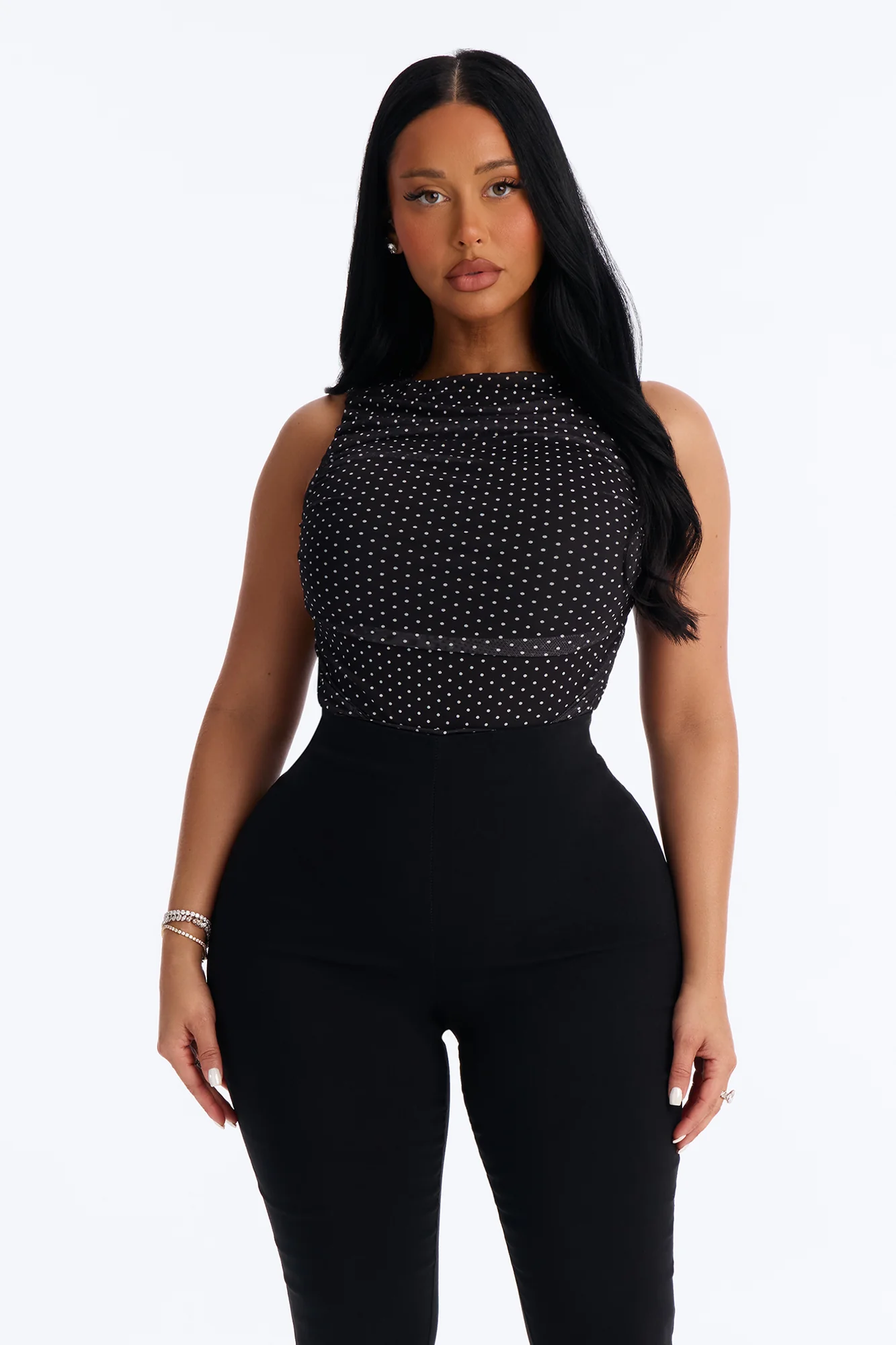 Maggie Polka Dot Mesh Ruched Sleeveless Bodysuit - Black/combo - Image 3