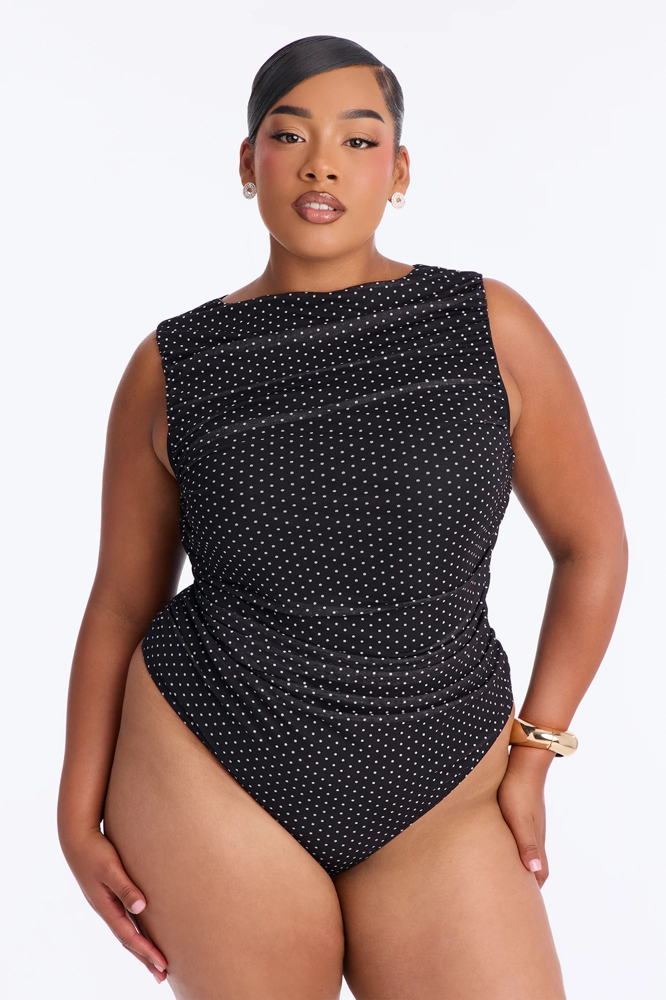 Maggie Polka Dot Mesh Ruched Sleeveless Bodysuit - Black/combo - Image 6