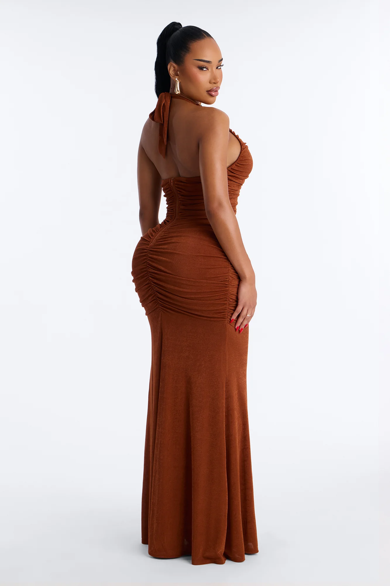 Maia Ruched Slinky Maxi Dress - Rust - Image 4