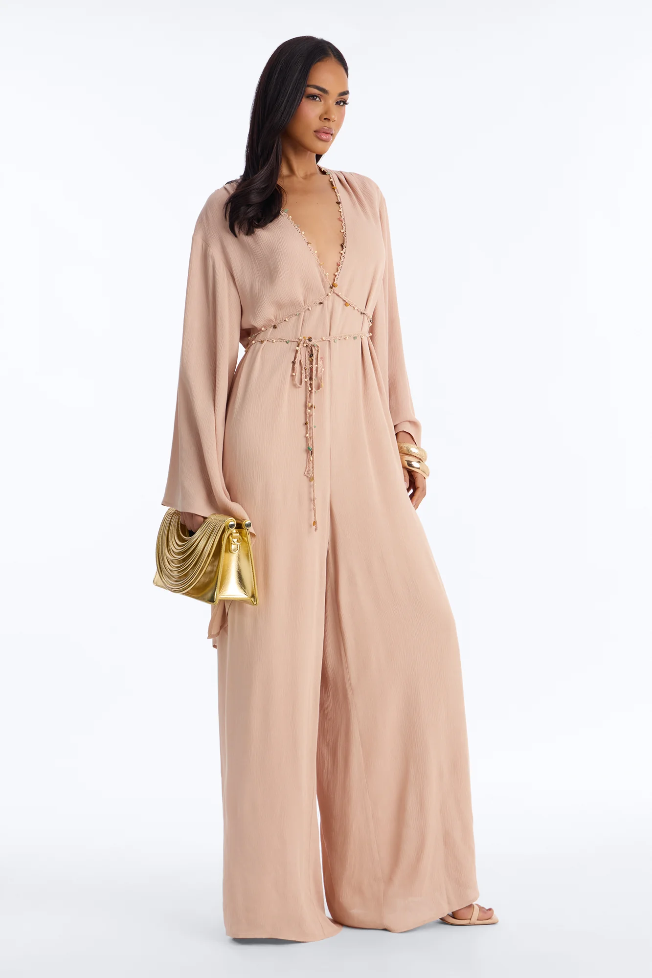 Mailey Beaded Tie Waist Wide Leg Jumpsuit - Tan