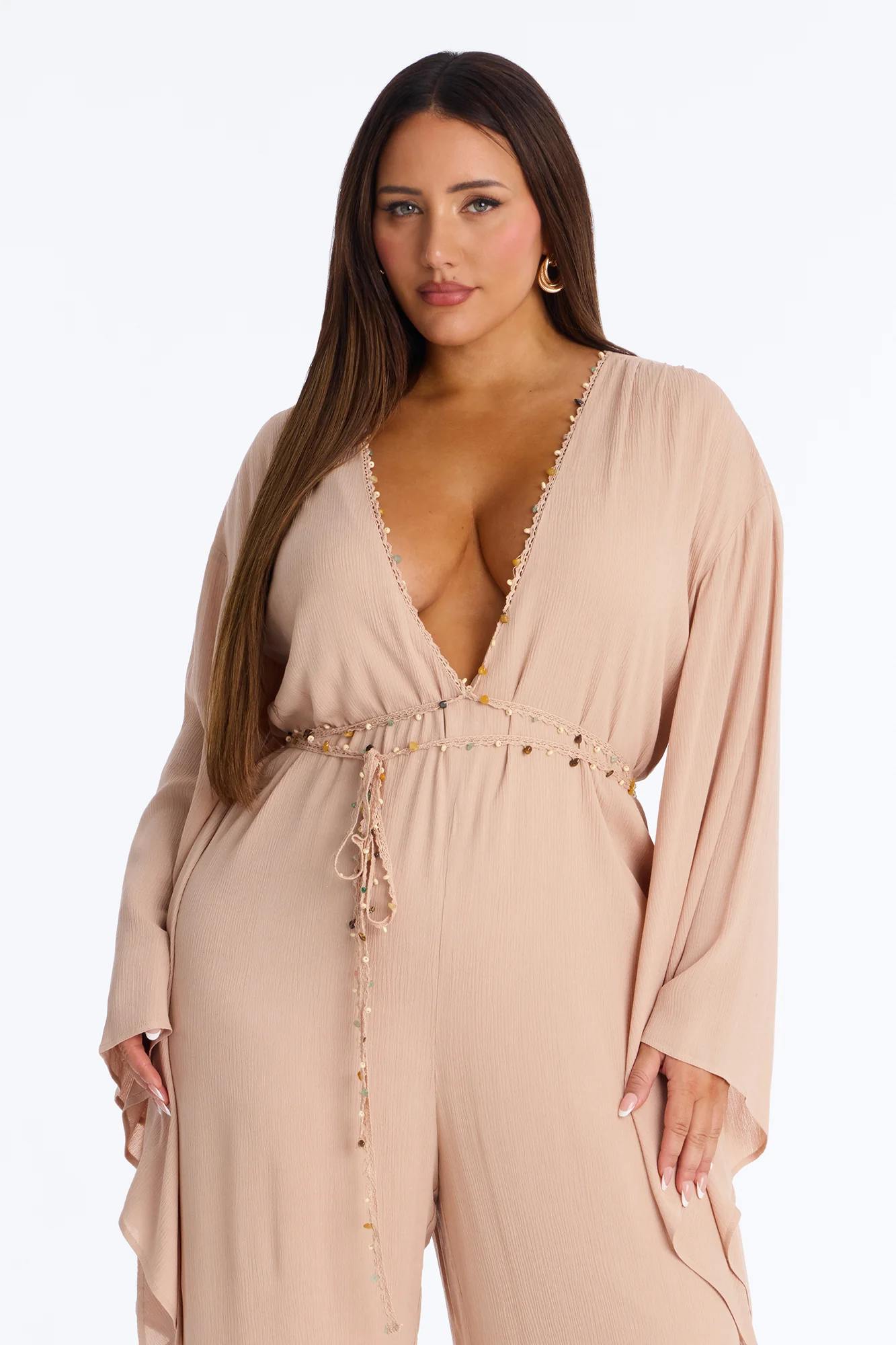 Mailey Beaded Tie Waist Wide Leg Jumpsuit - Tan - Image 6