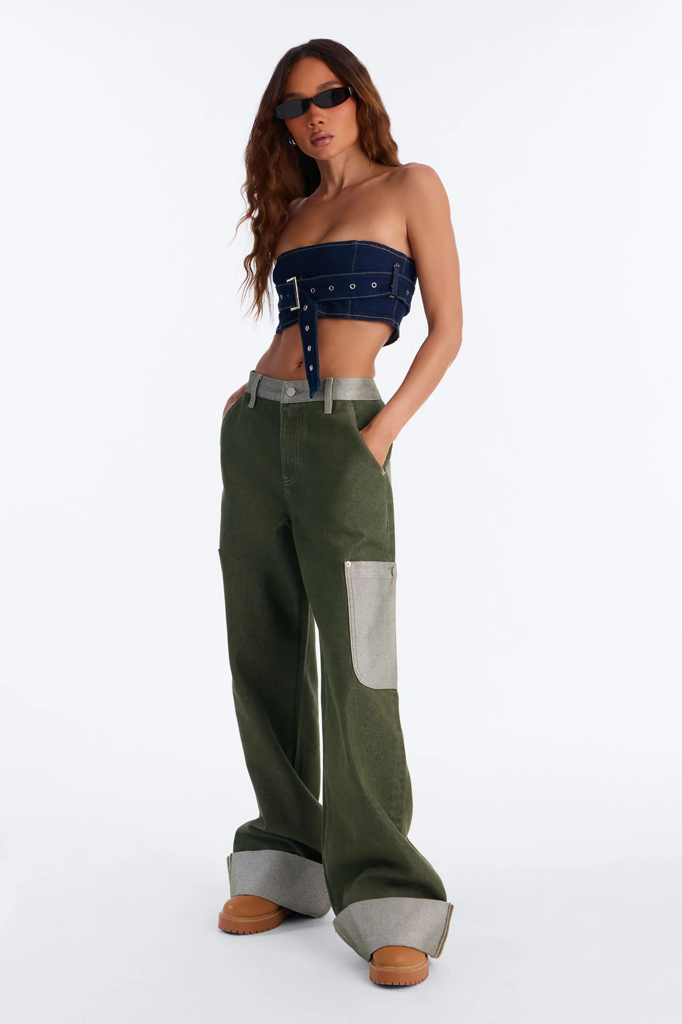 Main Character Always Belted Strapless Denim Top - Dark Wash - Image 2