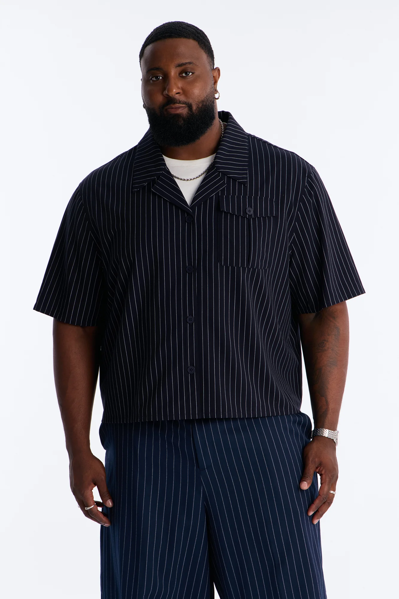 Maison Tailored Refined Stripe Button Up Shirt - Navy