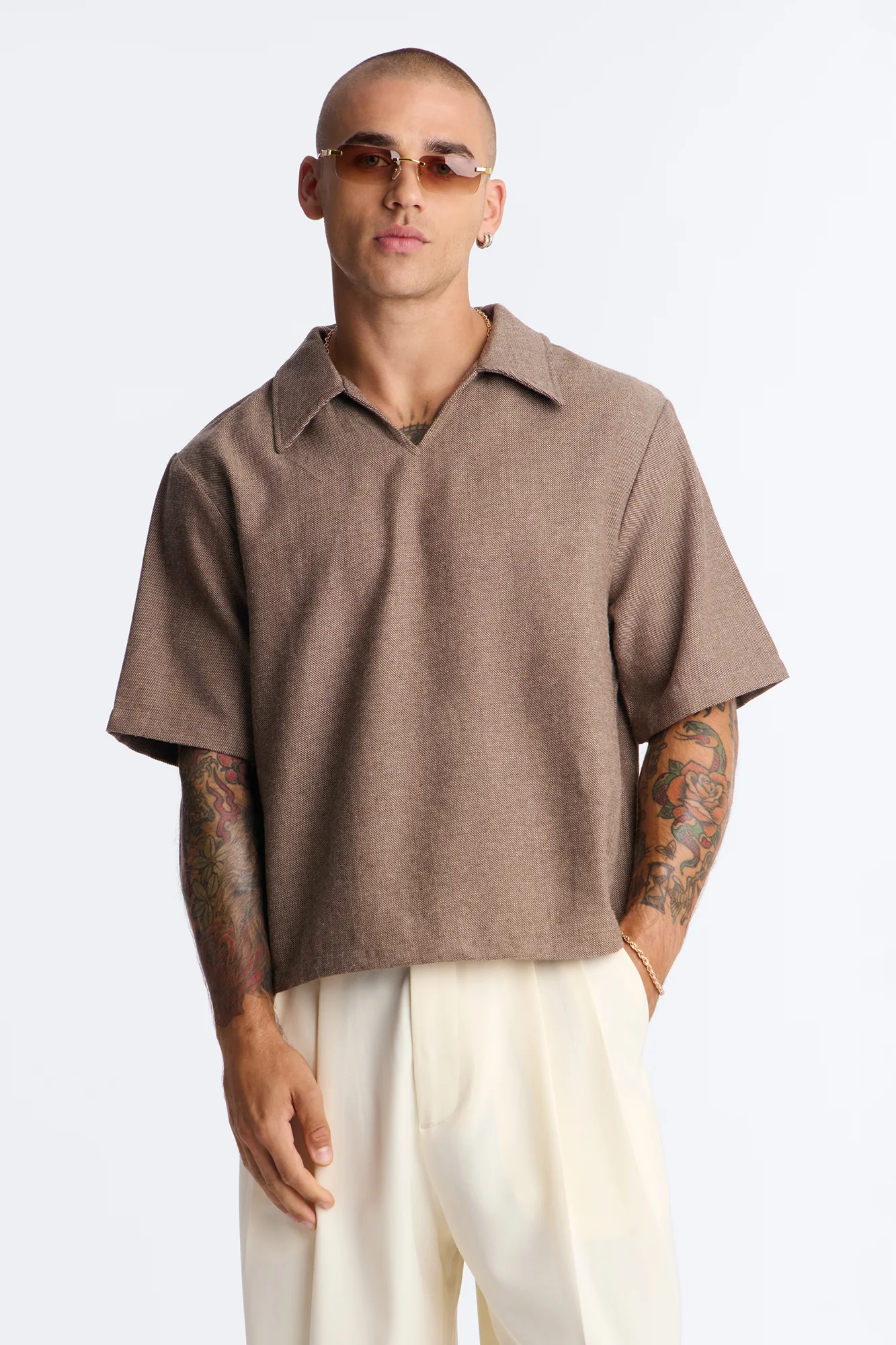 Maison Tailored Textured Boxy Cropped Polo - Brown