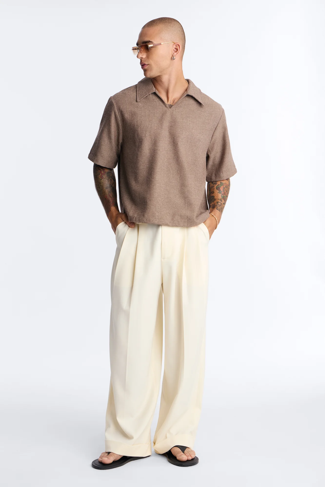 Maison Tailored Textured Boxy Cropped Polo - Brown - Image 2
