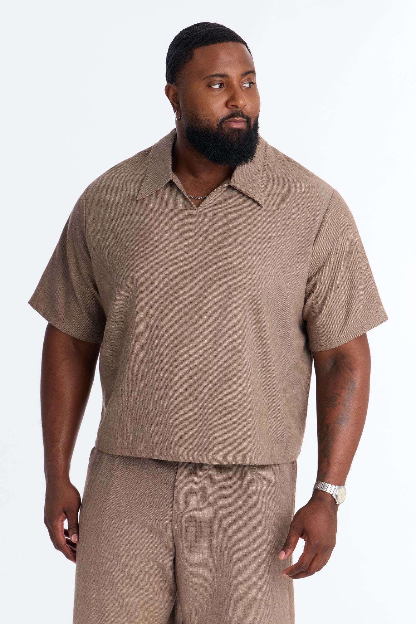 Maison Tailored Textured Boxy Cropped Polo - Brown - Image 5