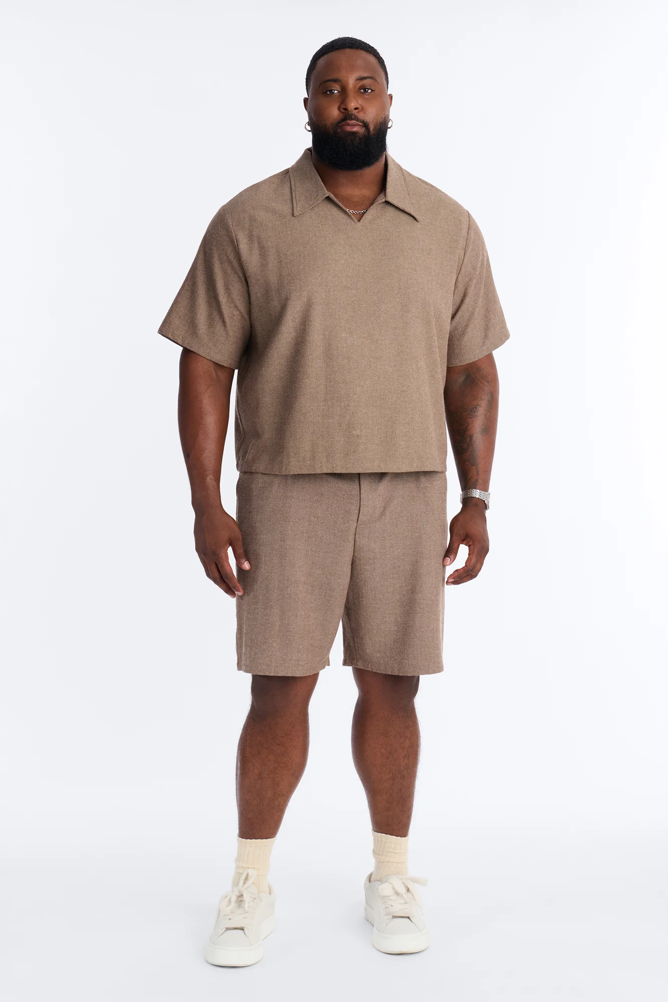 Maison Tailored Textured Boxy Cropped Polo - Brown - Image 6