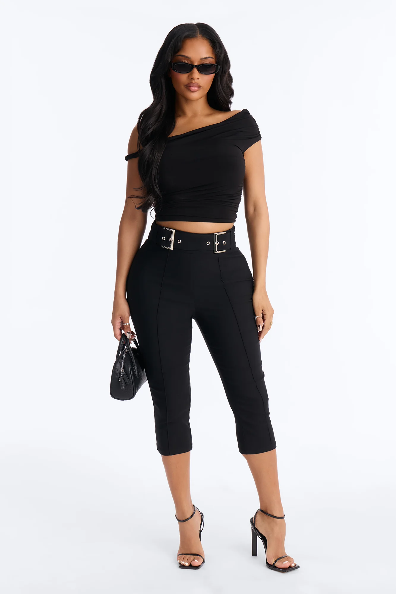 Makayla High Rise Buckle Skinny Capri Pant 19″ - Black