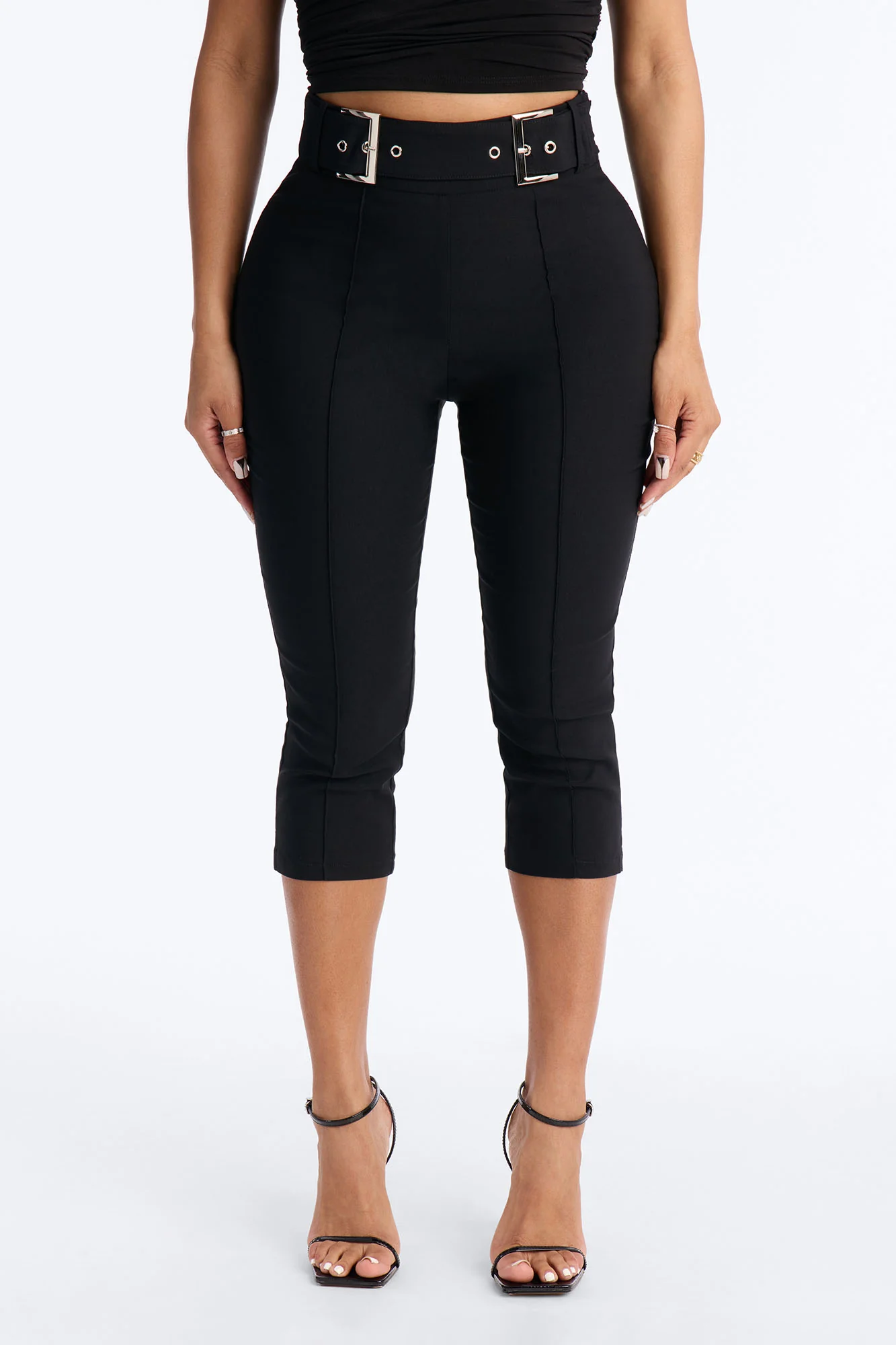 Makayla High Rise Buckle Skinny Capri Pant 19″ - Black - Image 2