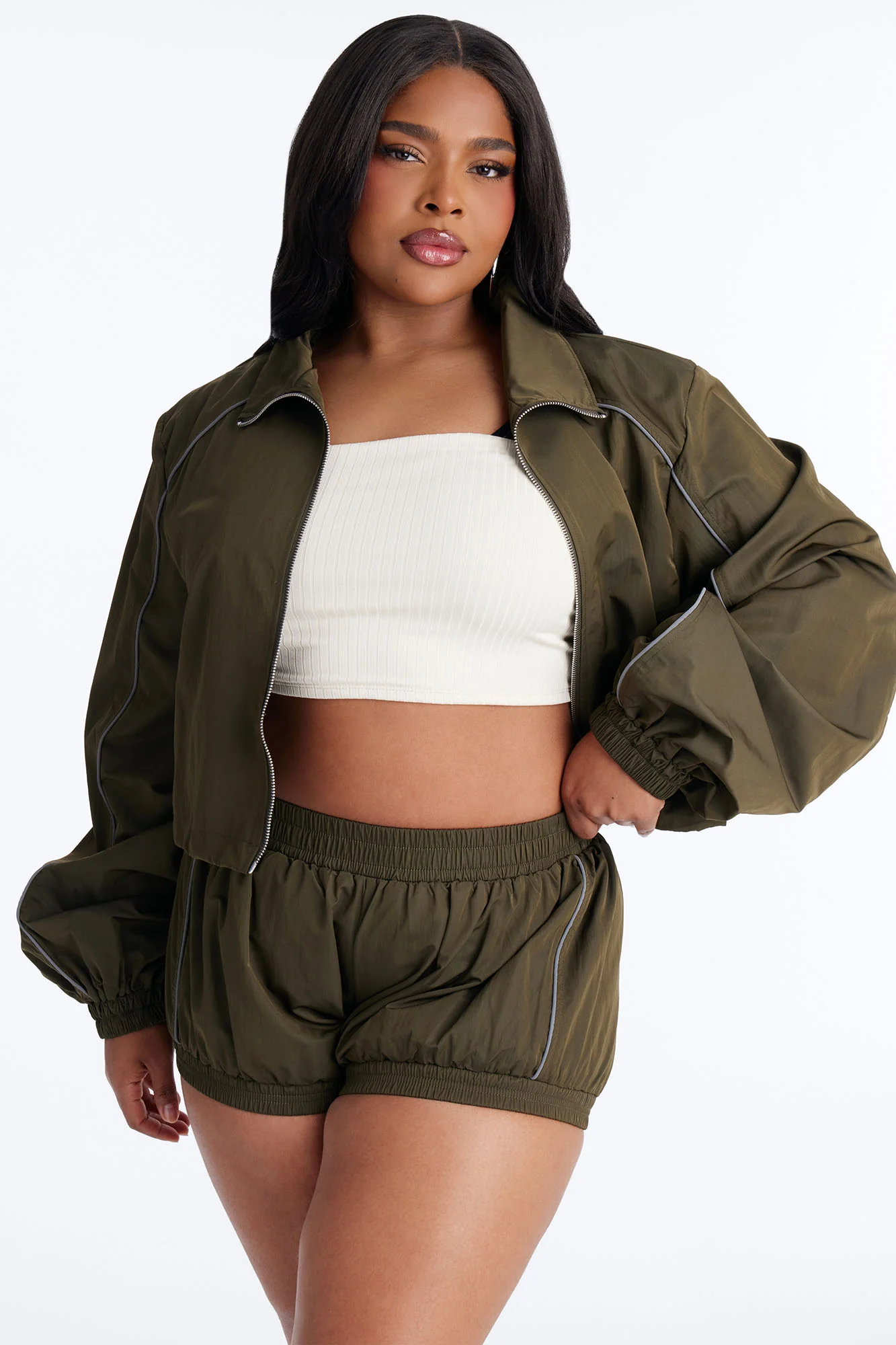 Make A Move Windbreaker Cropped Funnel Neck Jacket - Olive - Image 5