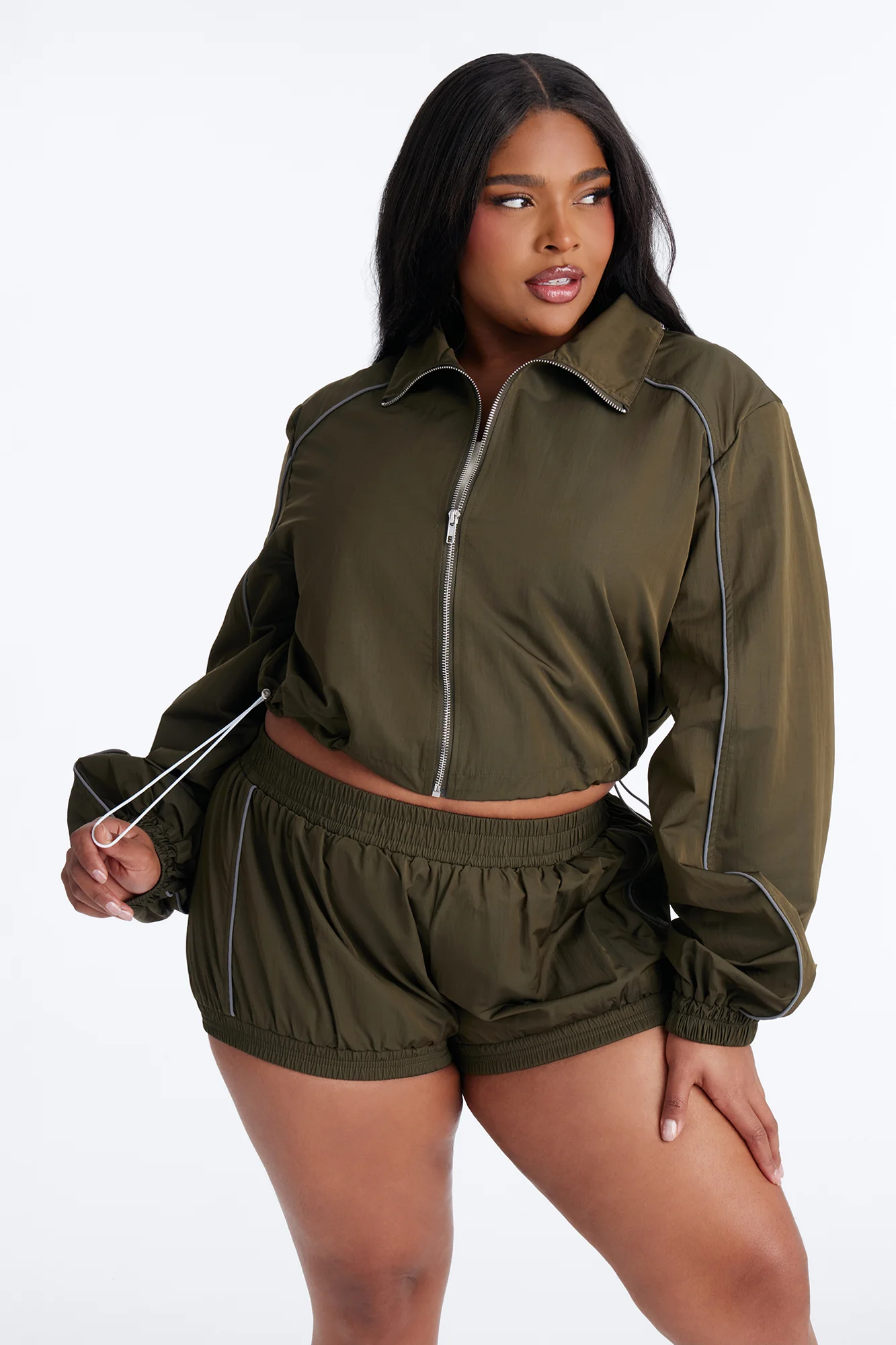 Make A Move Windbreaker Cropped Funnel Neck Jacket - Olive - Image 7