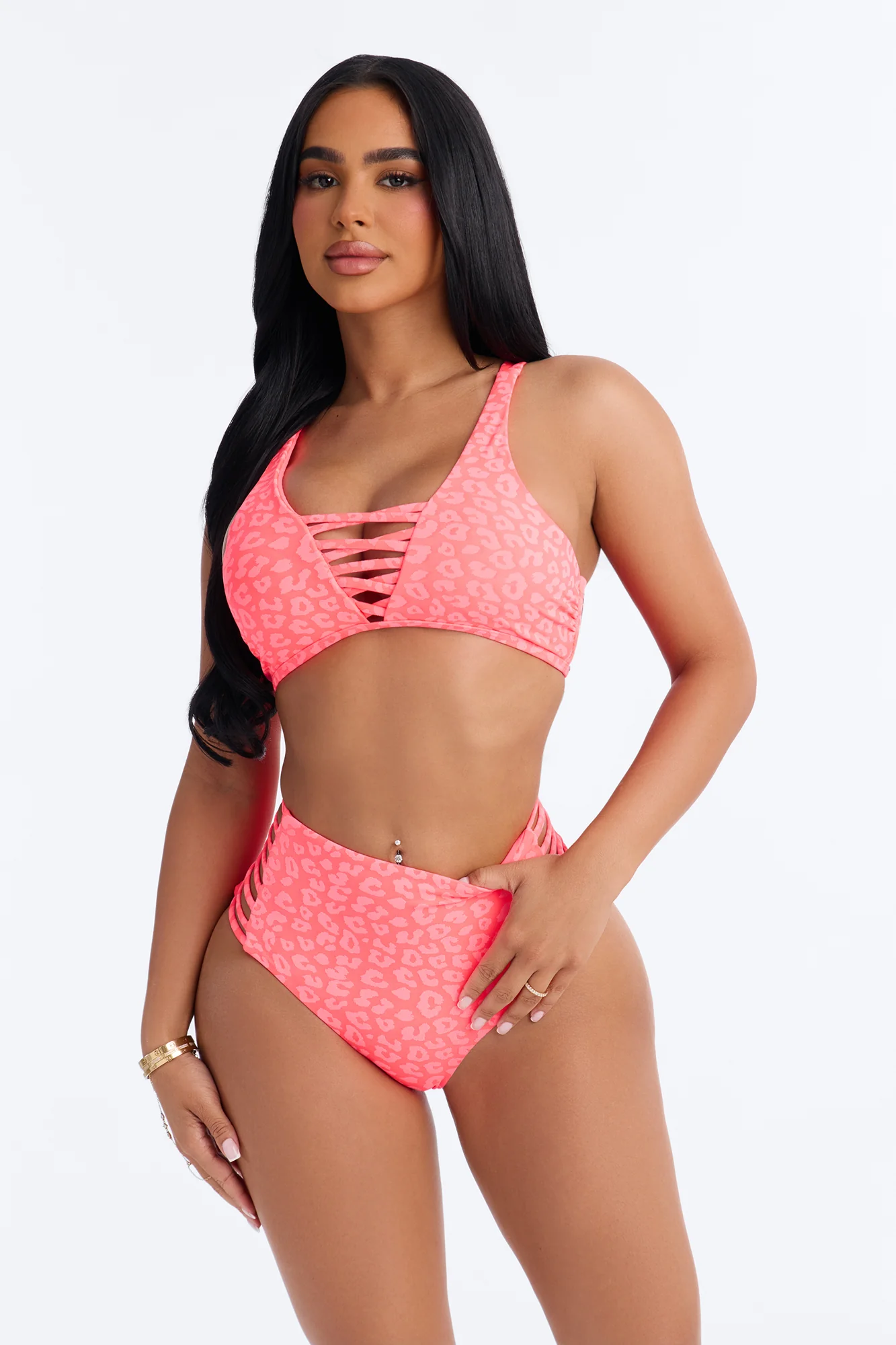 Make A Splash Leopard 2 Piece Lace Up Bralette Bikini & High Waisted Bottom Set - Coral/combo