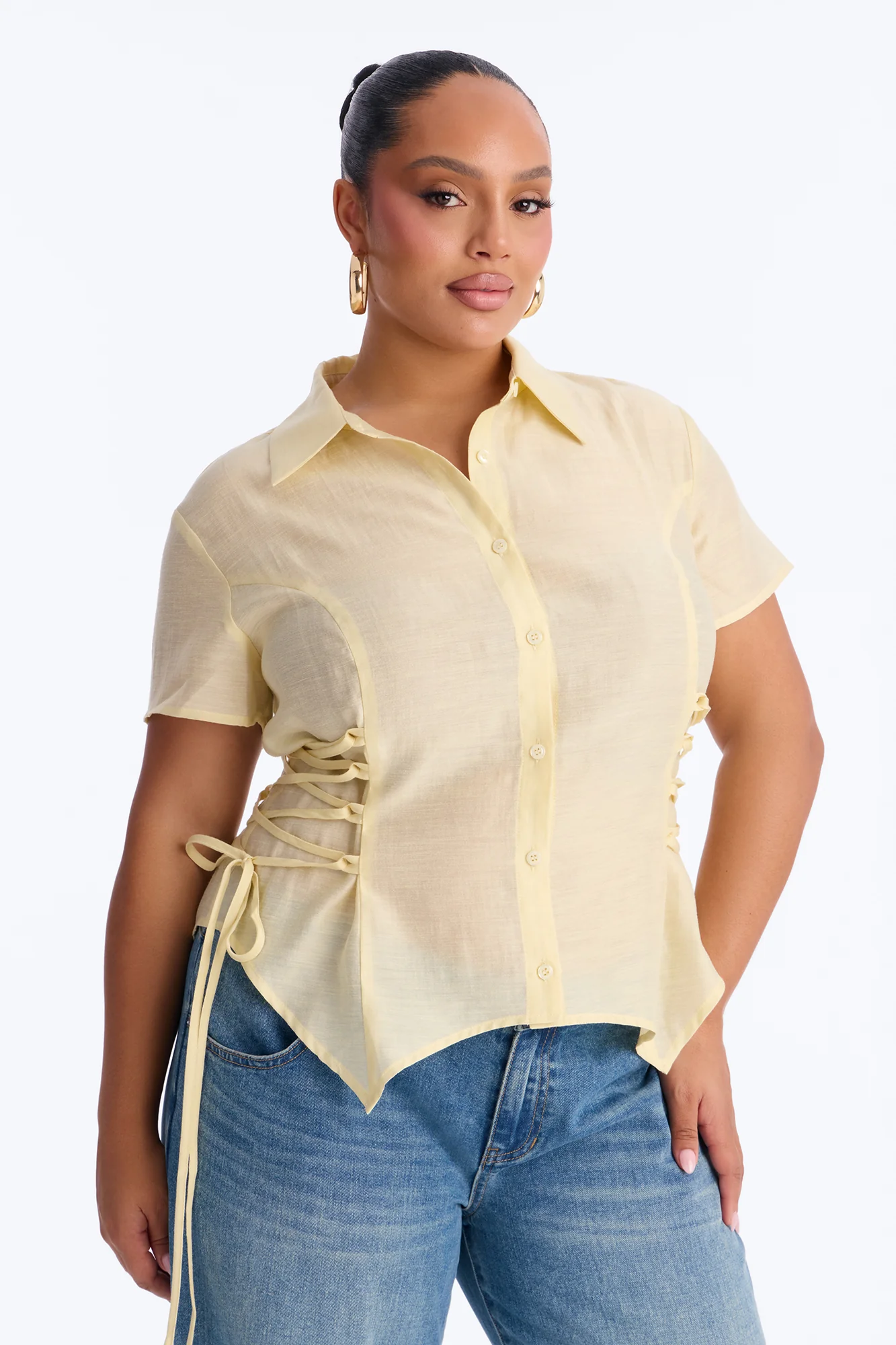 Make It Fun Lace Up Short Sleeve Linen Shirt - Butter Yellow - Image 5