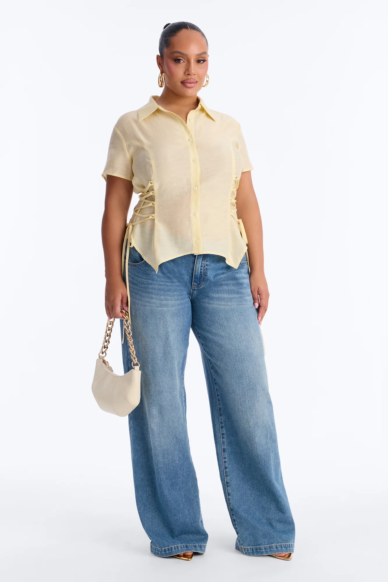 Make It Fun Lace Up Short Sleeve Linen Shirt - Butter Yellow - Image 6