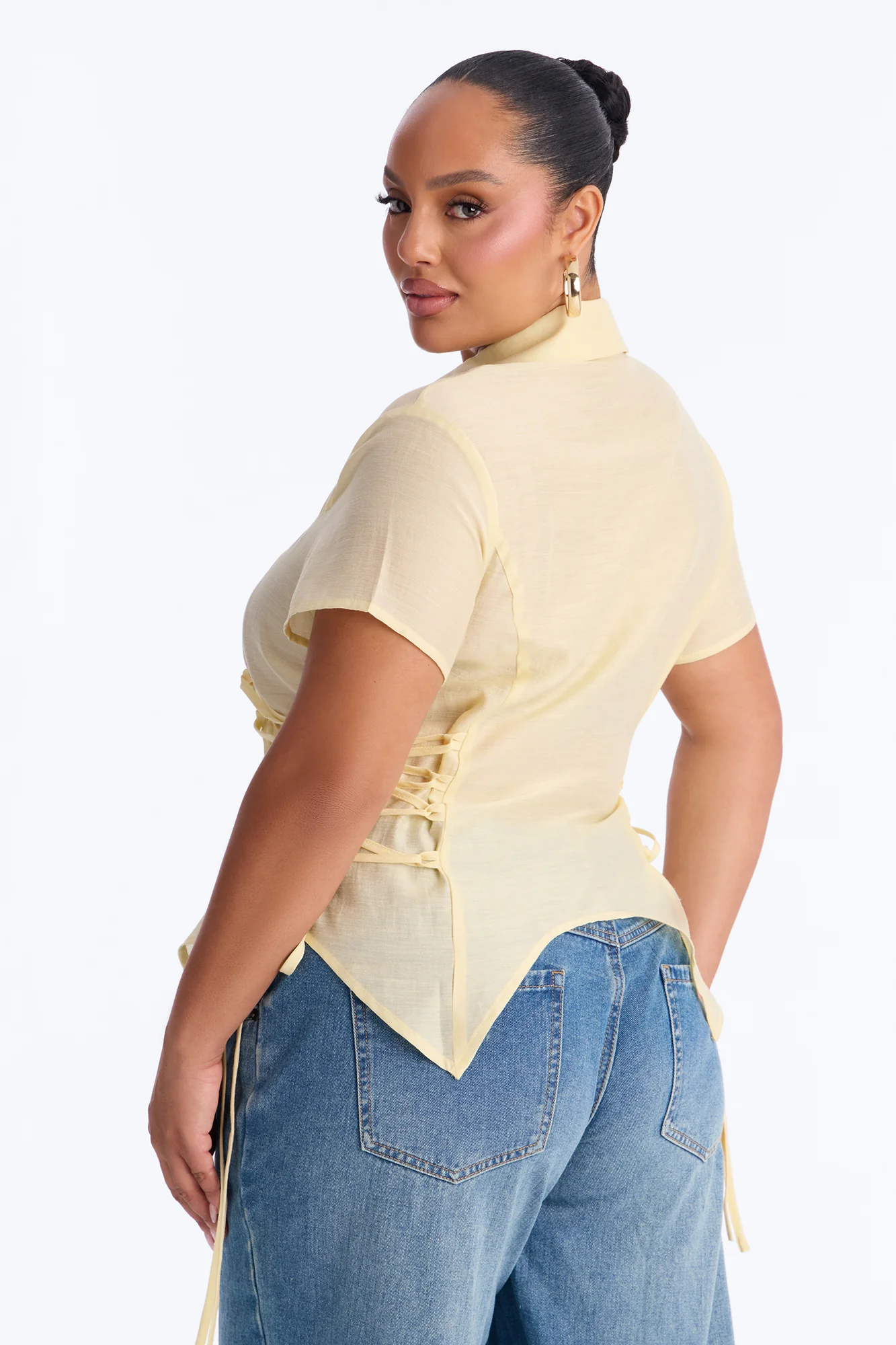 Make It Fun Lace Up Short Sleeve Linen Shirt - Butter Yellow - Image 8