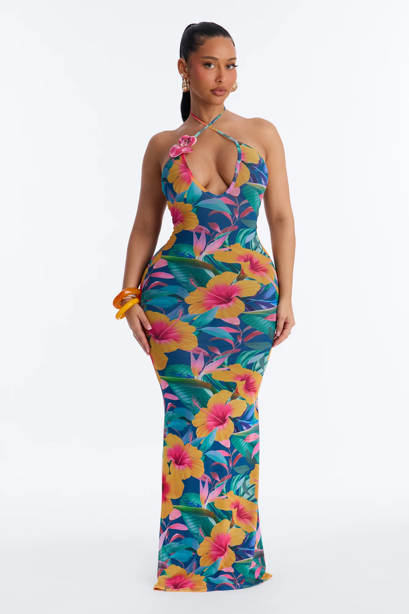Malia Halter Mesh Maxi Dress - Blue/combo