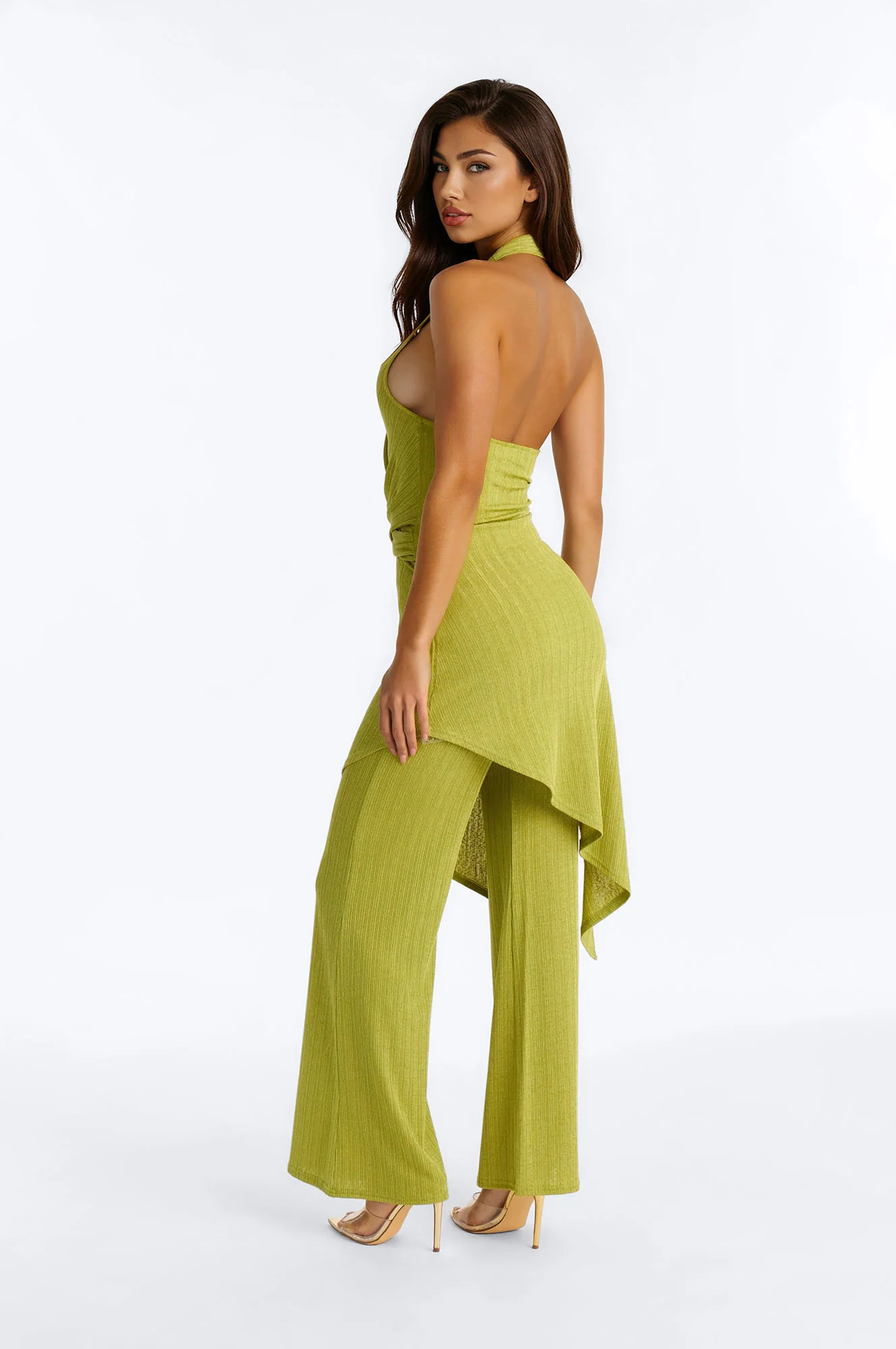 Malia Slinky Plunge Halter Pant Set - Chartreuse - Image 3