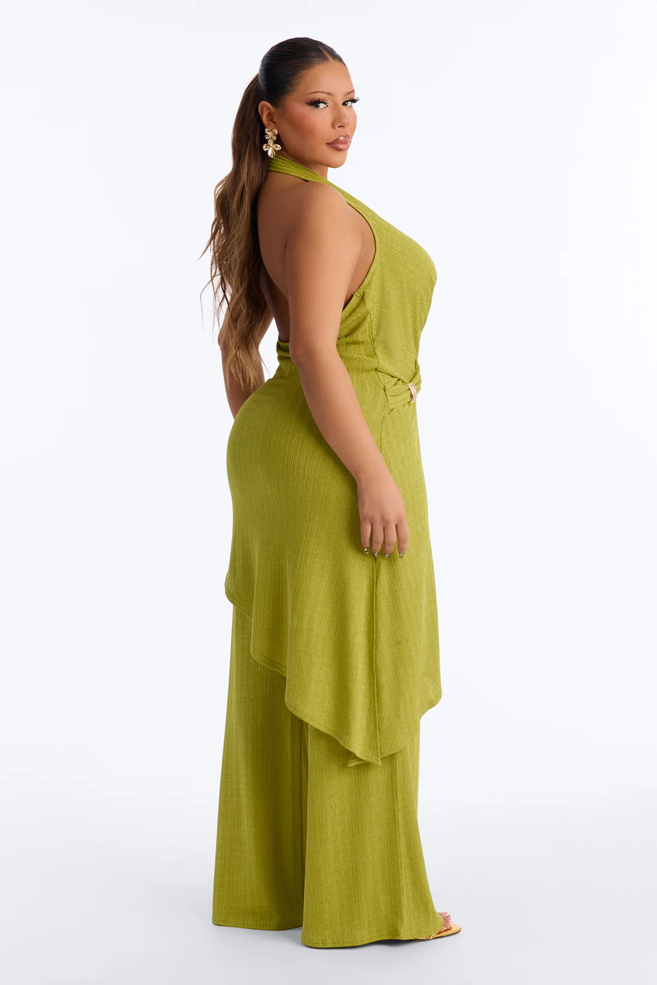 Malia Slinky Plunge Halter Pant Set - Chartreuse - Image 7