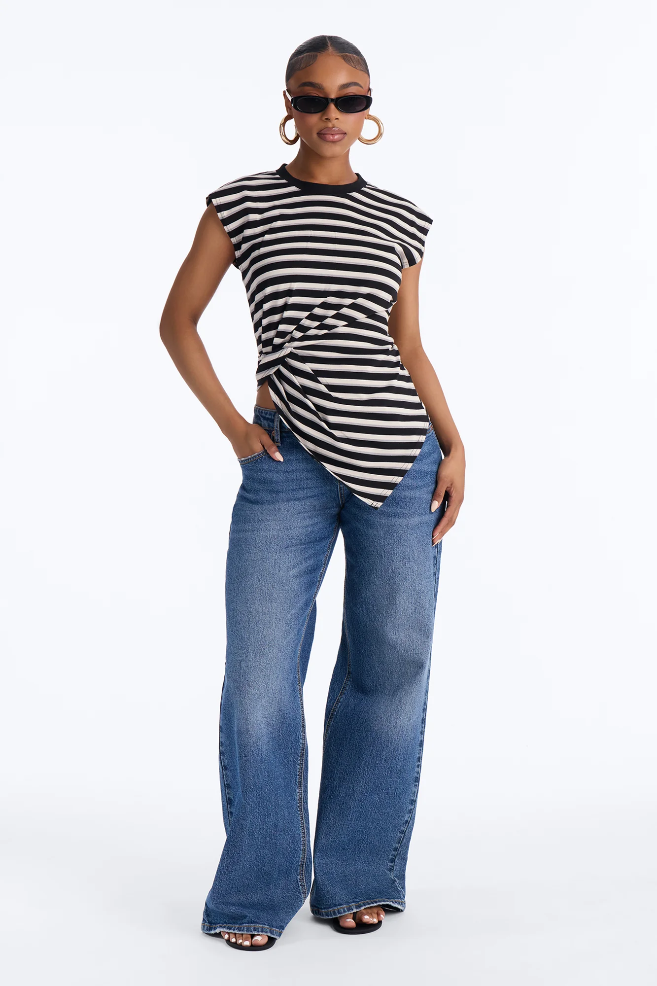 Malia Striped Asymmetrical Ruched Short Sleeve Top - Black/Grey - Image 2