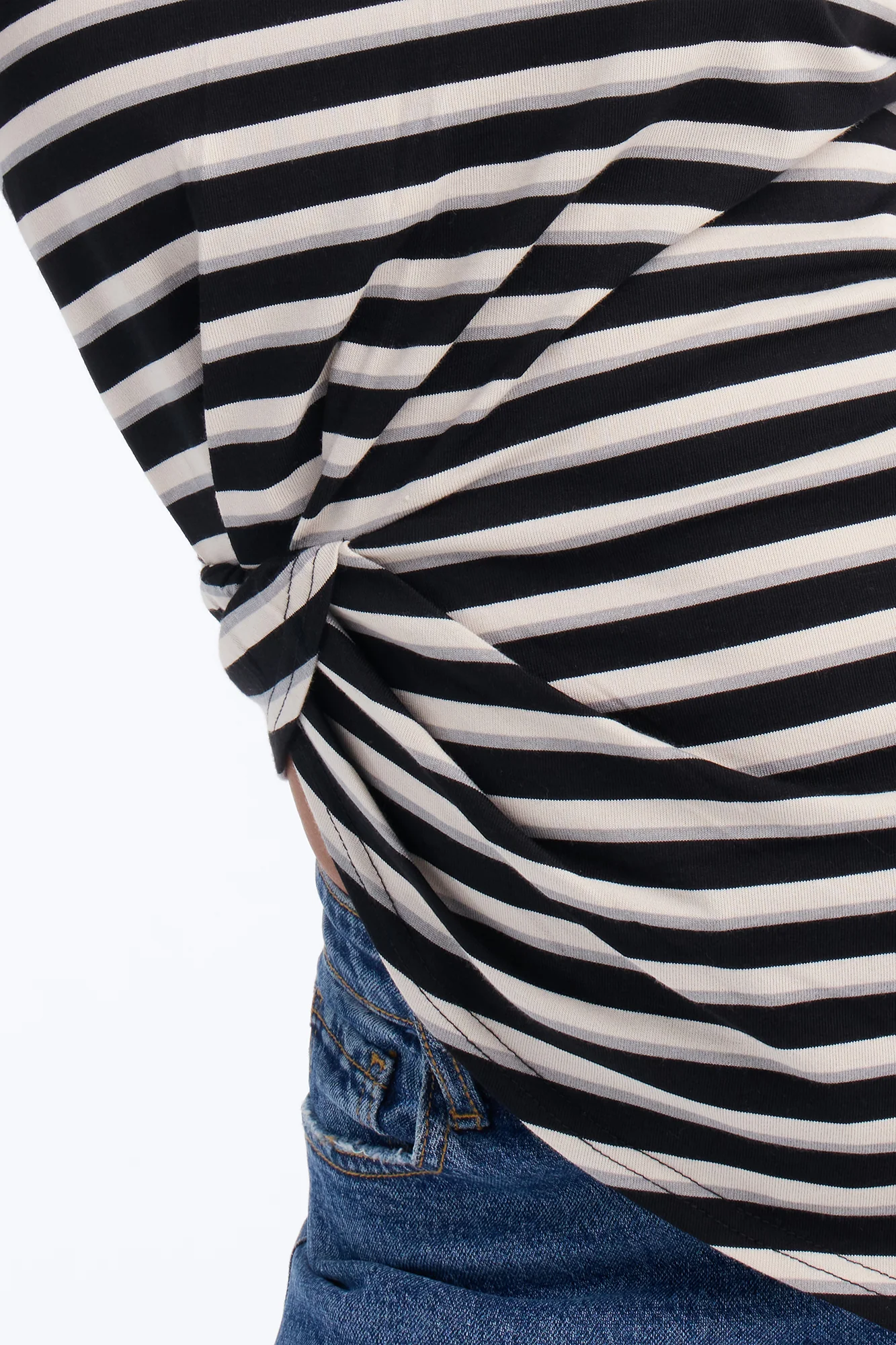 Malia Striped Asymmetrical Ruched Short Sleeve Top - Black/Grey - Image 3