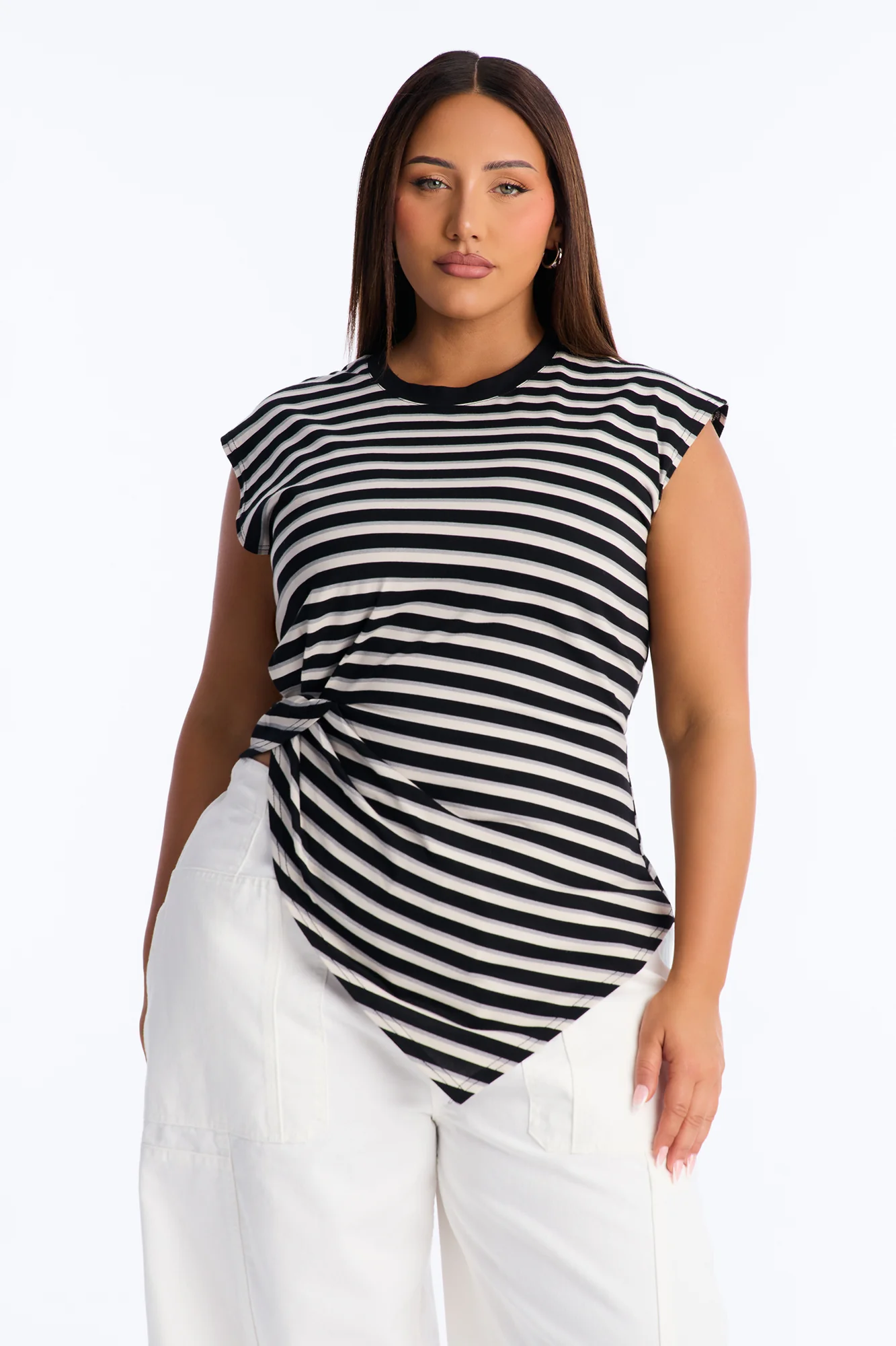 Malia Striped Asymmetrical Ruched Short Sleeve Top - Black/Grey - Image 5
