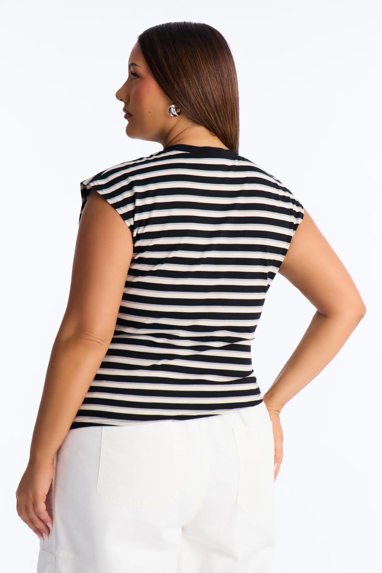 Malia Striped Asymmetrical Ruched Short Sleeve Top - Black/Grey - Image 7