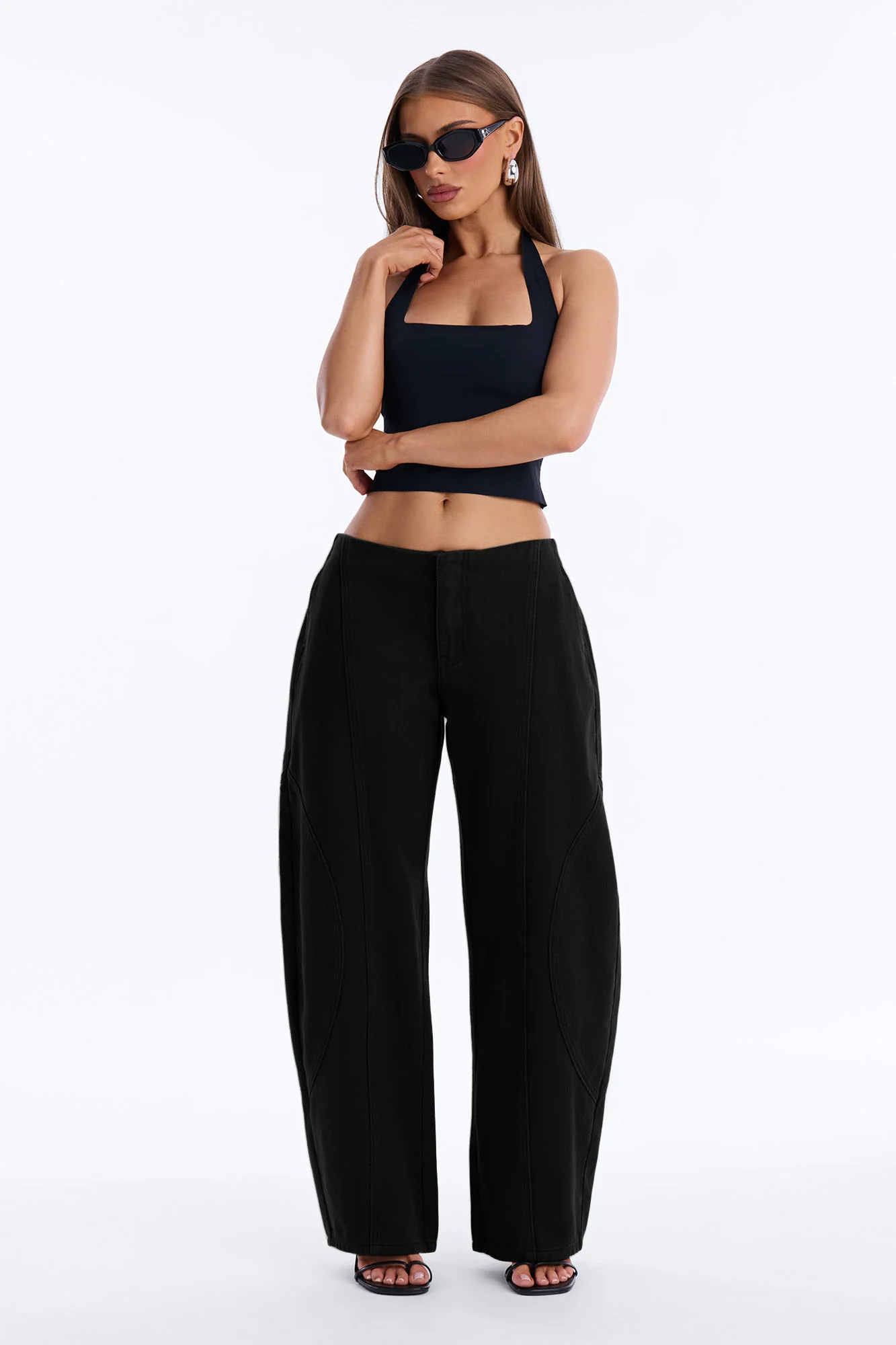Maliah Low Rise Twill Barrel Leg Pants - Black