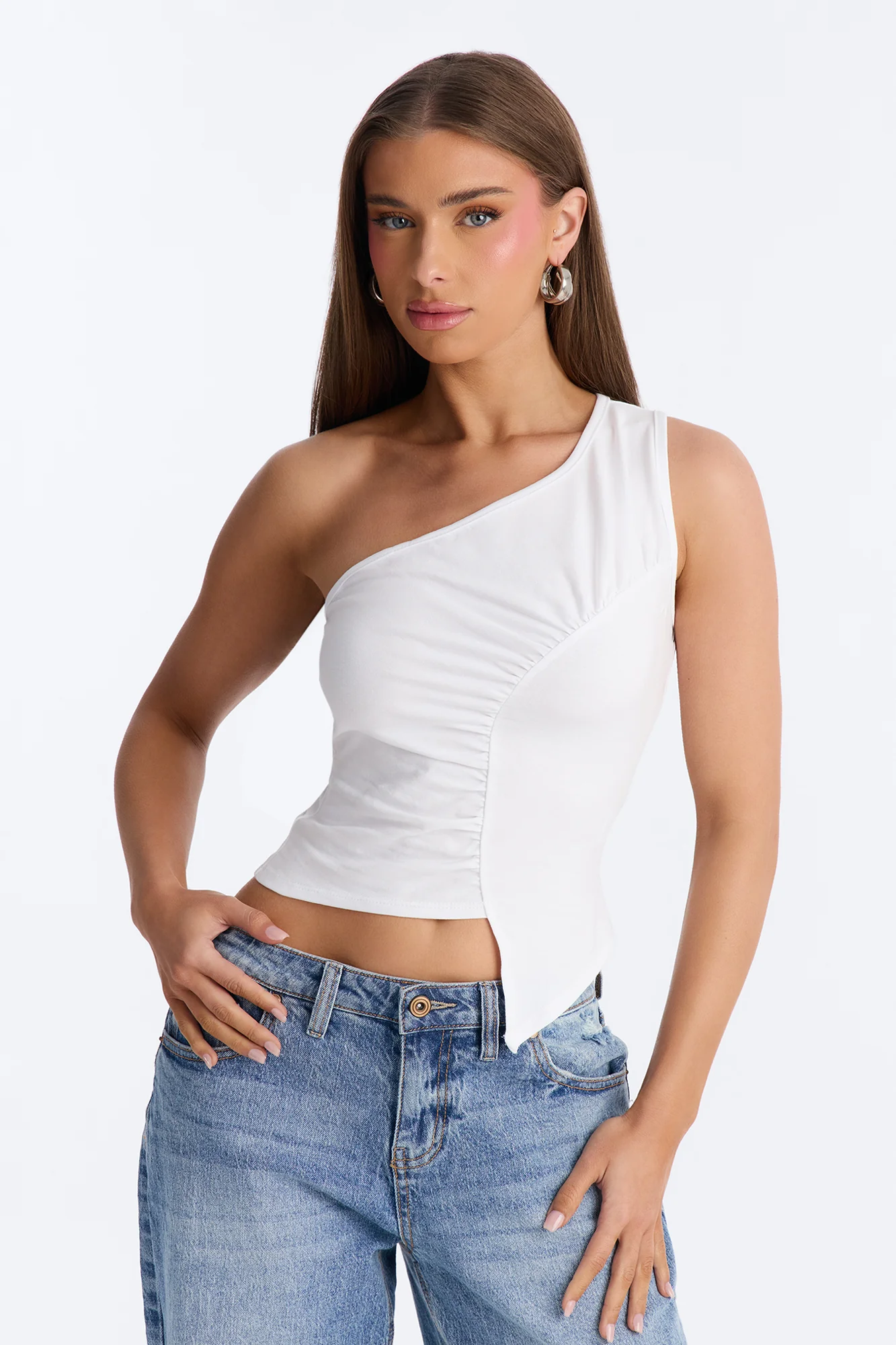 Malika Ruched One Shoulder Sleeveless Top - White