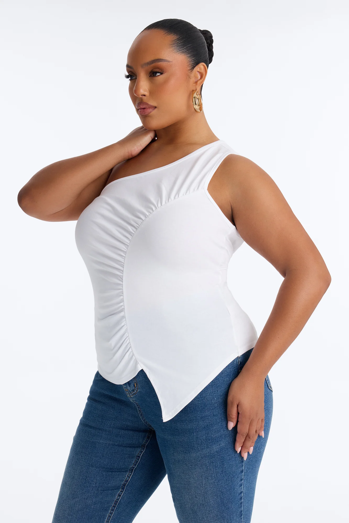 Malika Ruched One Shoulder Sleeveless Top - White - Image 5