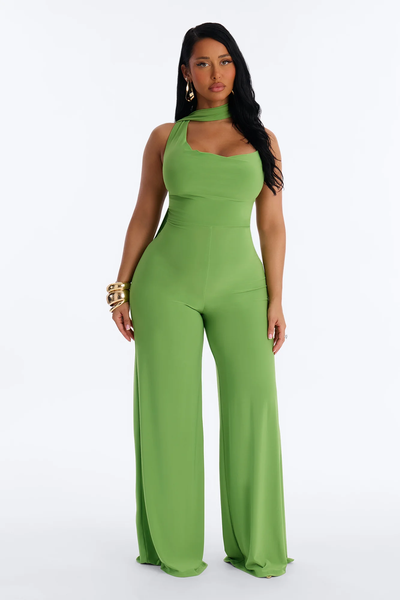Maliyah Draped Scarf Wide Leg Jumpsuit - Green