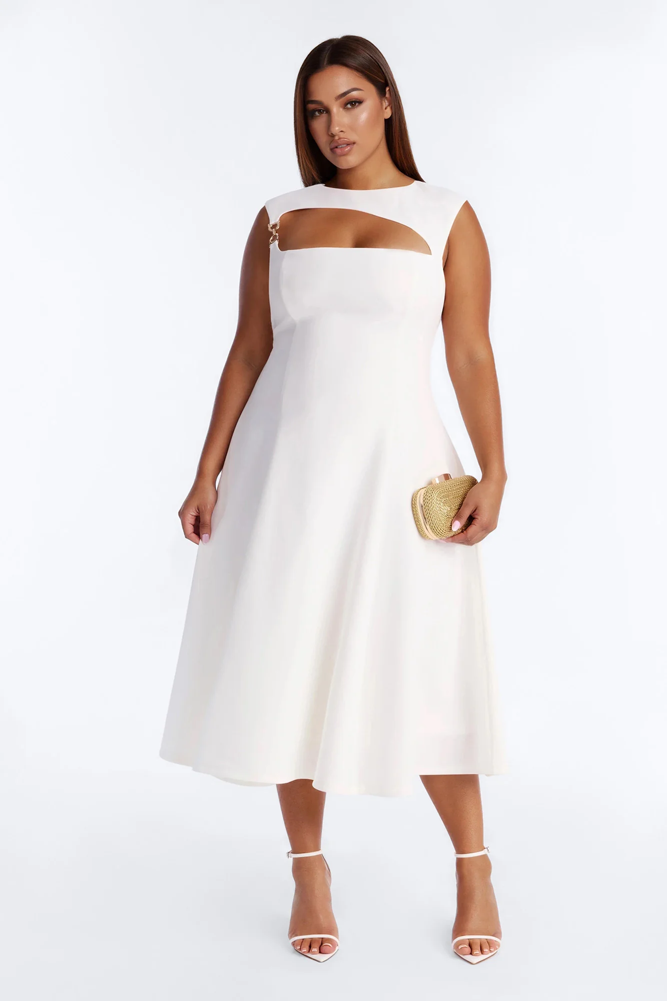 Mallie A Line Midi Dress - White - Image 5