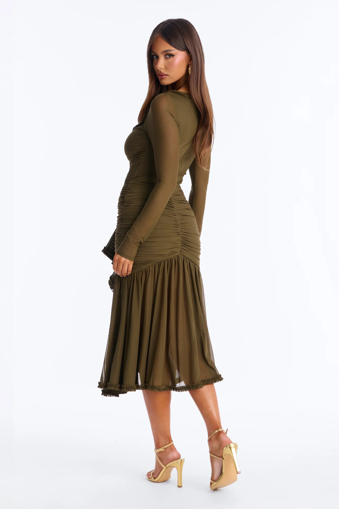 Mallory Ruffle Draped Mesh Midi Dress - Olive - Image 4