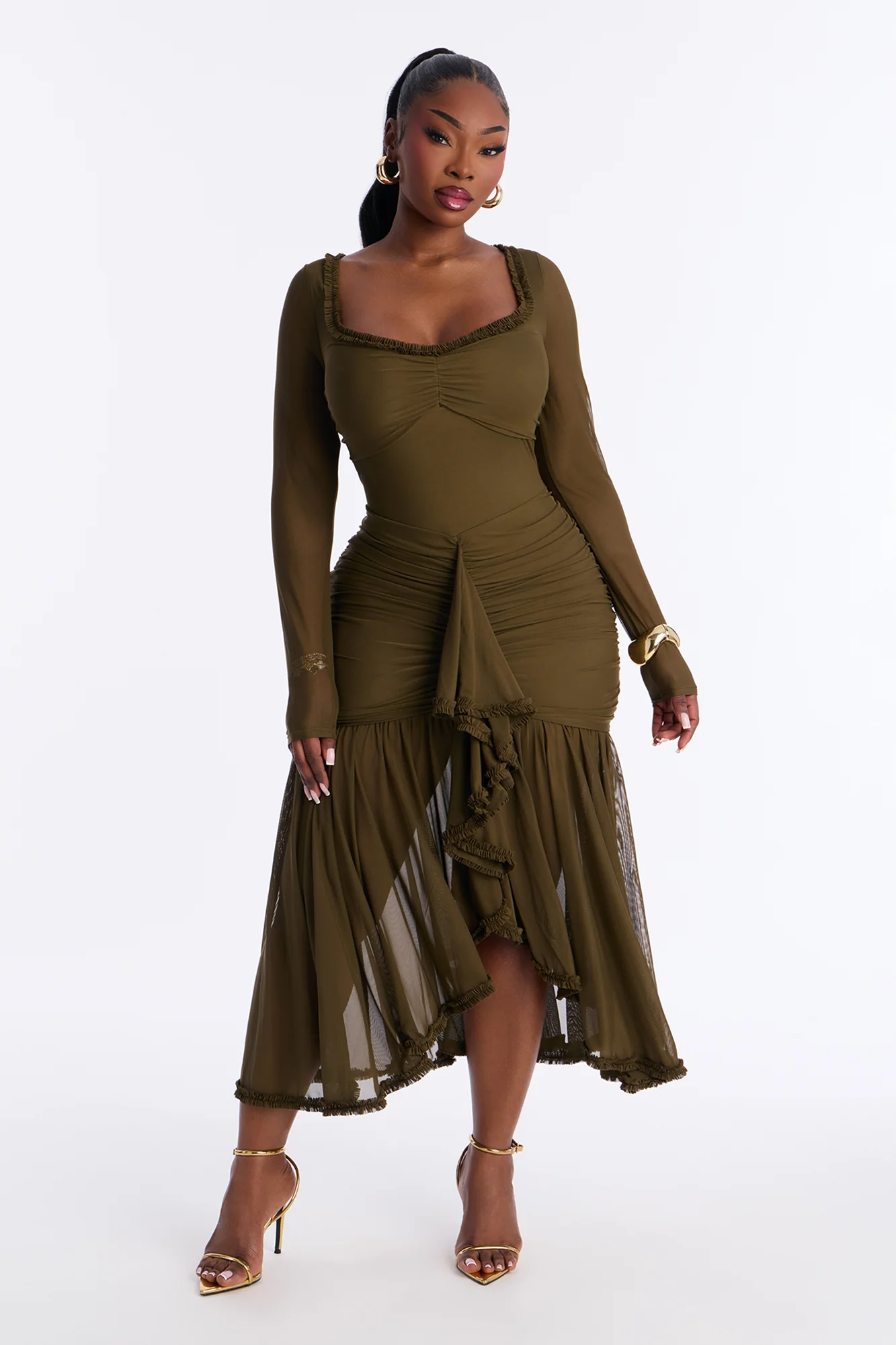 Mallory Ruffle Draped Mesh Midi Dress - Olive - Image 5