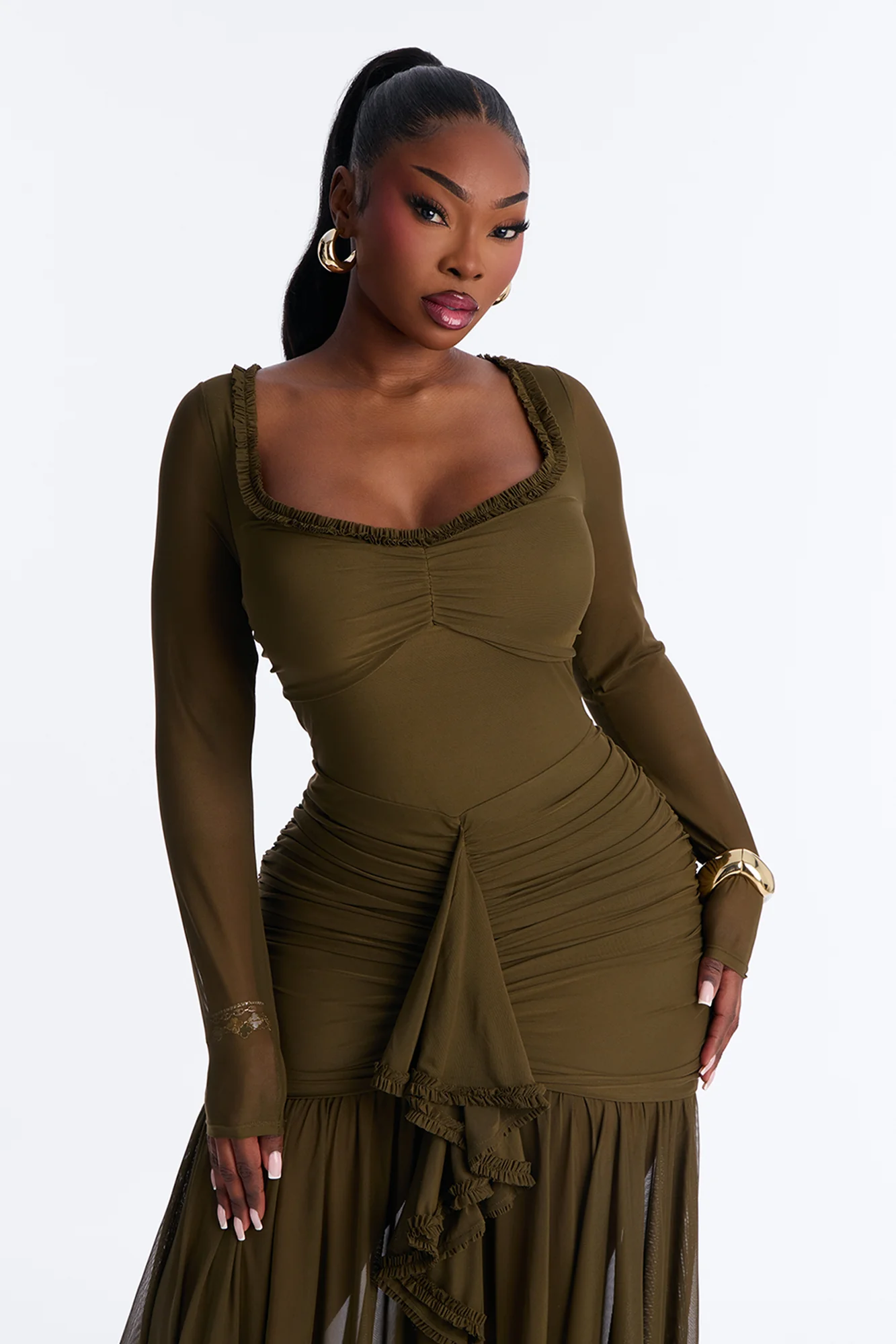 Mallory Ruffle Draped Mesh Midi Dress - Olive - Image 6