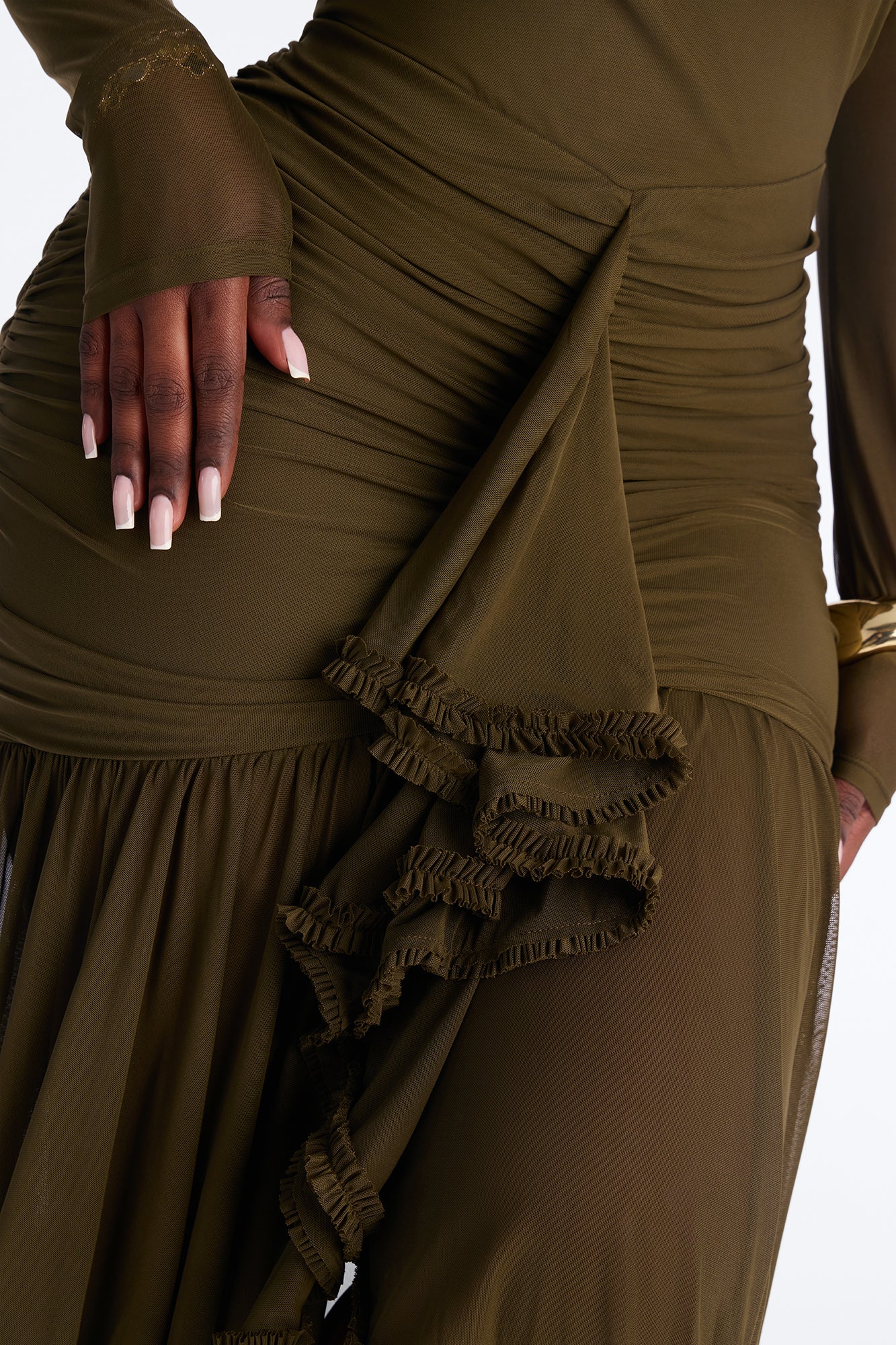 Mallory Ruffle Draped Mesh Midi Dress - Olive - Image 7