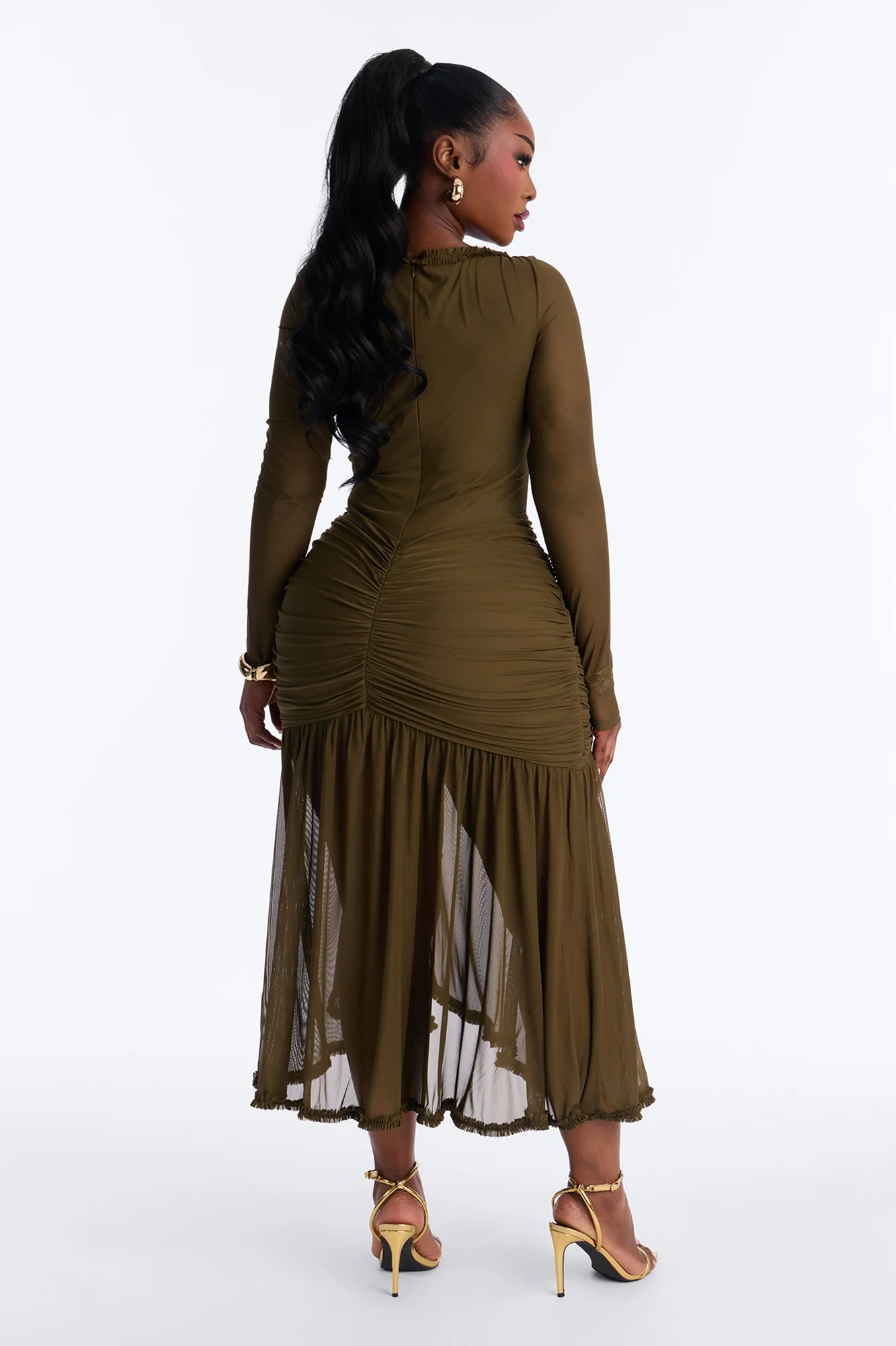 Mallory Ruffle Draped Mesh Midi Dress - Olive - Image 8