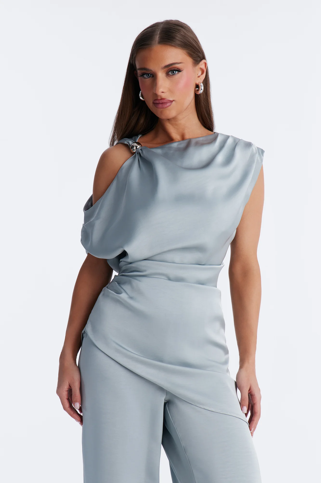 Mallory Satin Asymmetrical Pant Set - Dusty Blue - Image 2