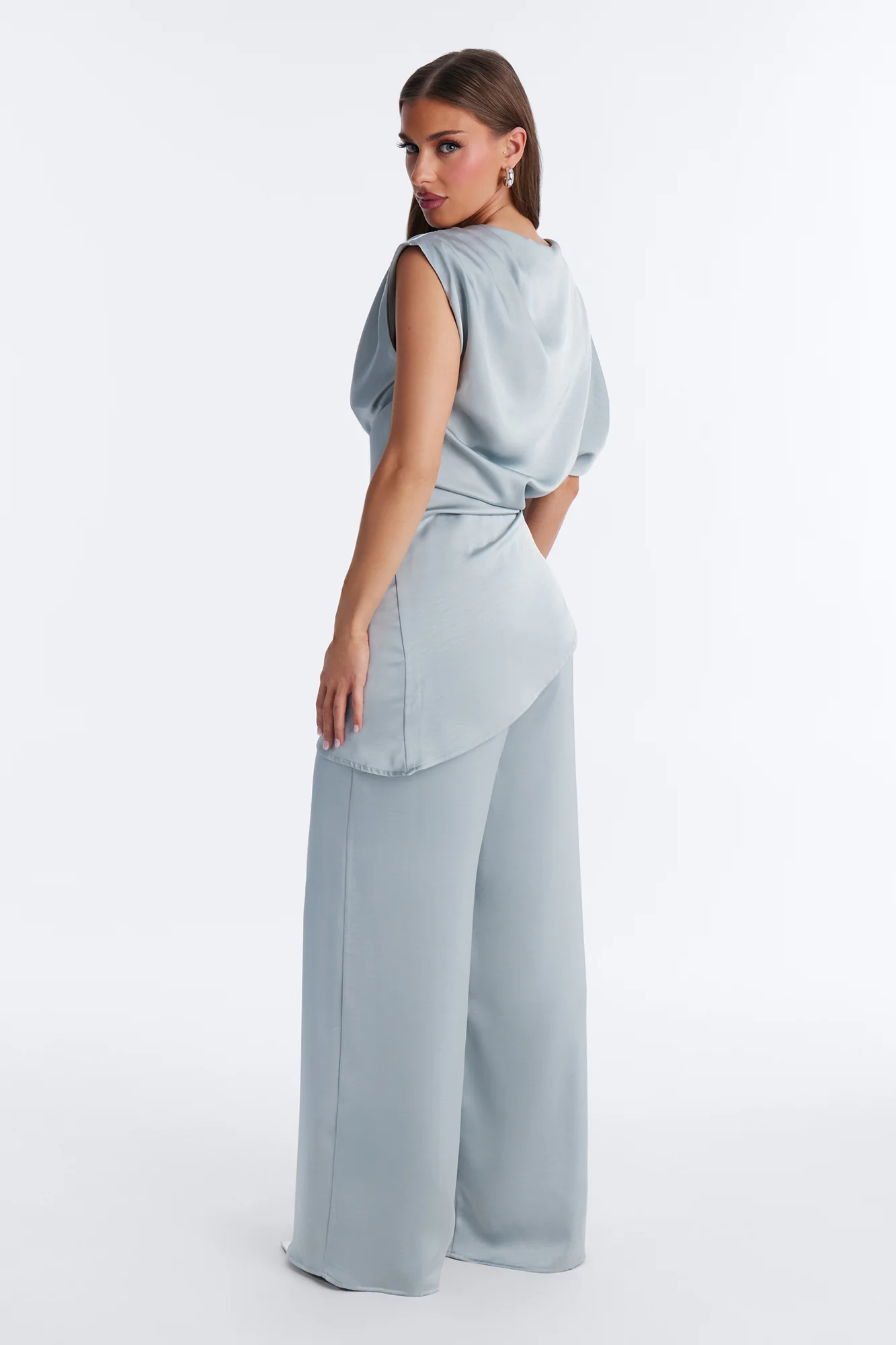 Mallory Satin Asymmetrical Pant Set - Dusty Blue - Image 4