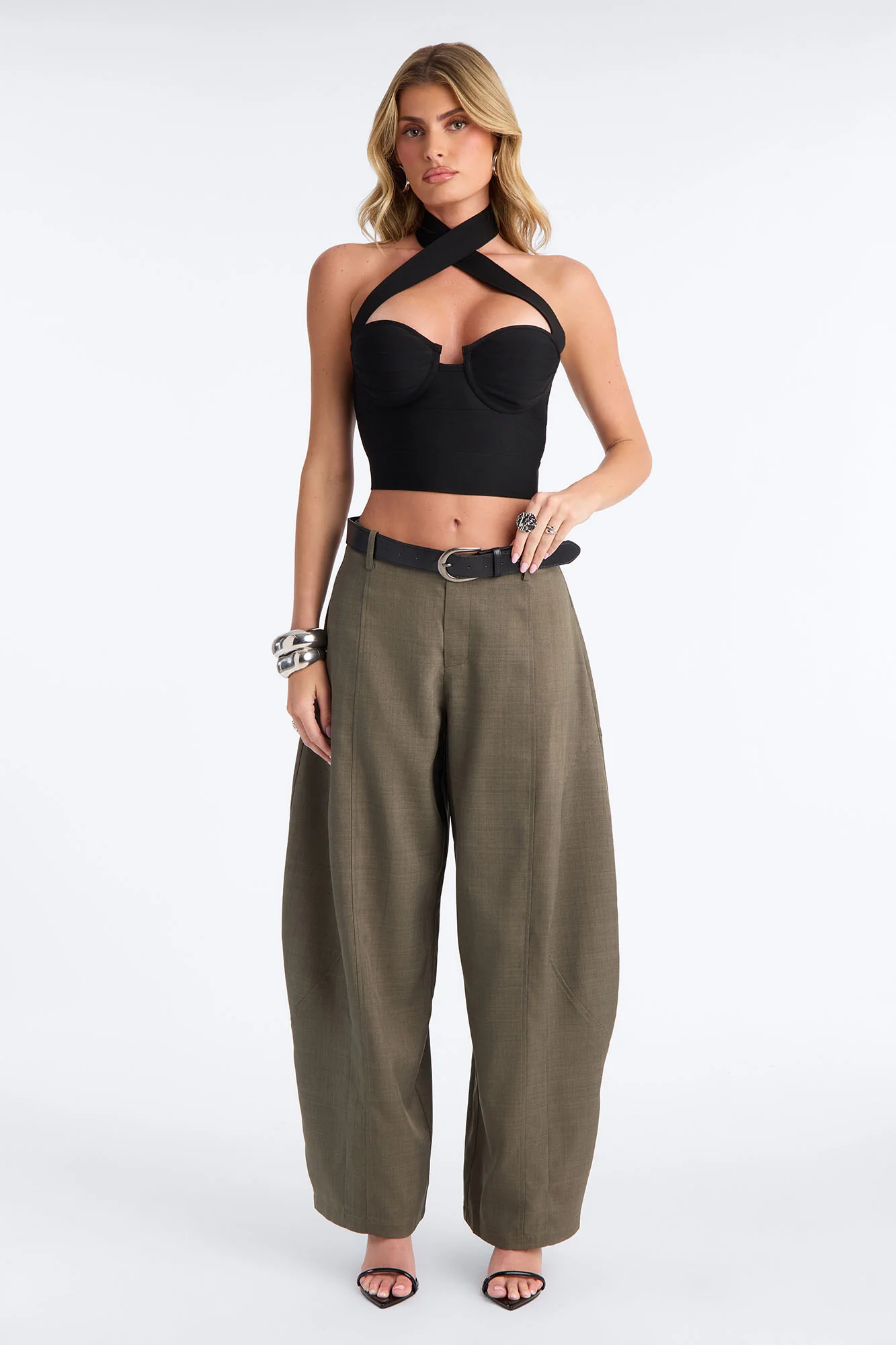 Maple Barrel Leg Belted Trouser - Olive