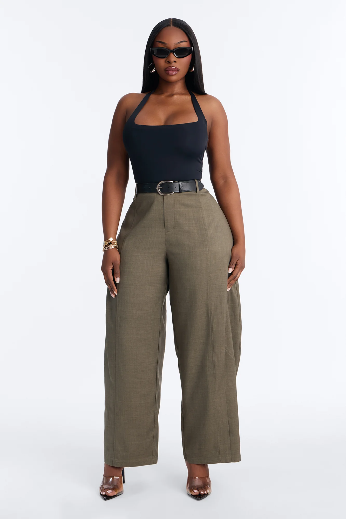 Maple Barrel Leg Belted Trouser - Olive - Image 4
