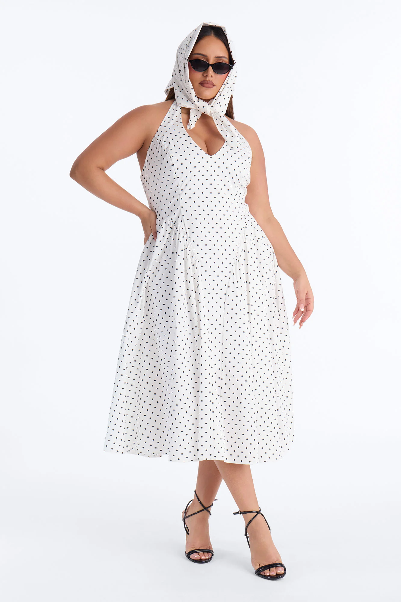 Mara Corset Polka Dot Midi Dress - White/Black - Image 6