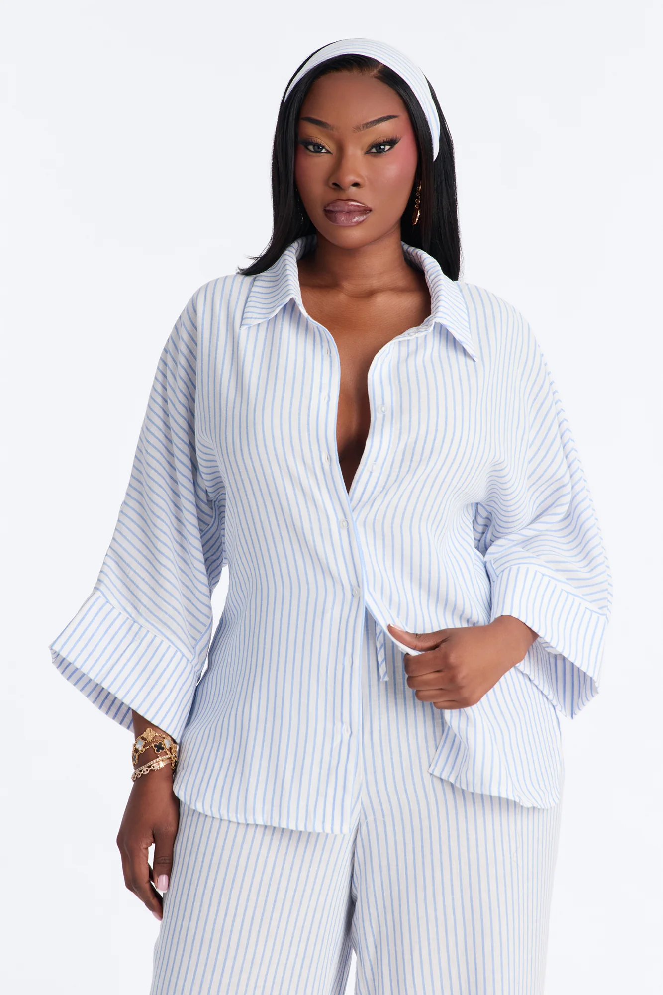 Mara Linen 3 Piece Pinstripe Pant Set - Blue/combo - Image 6