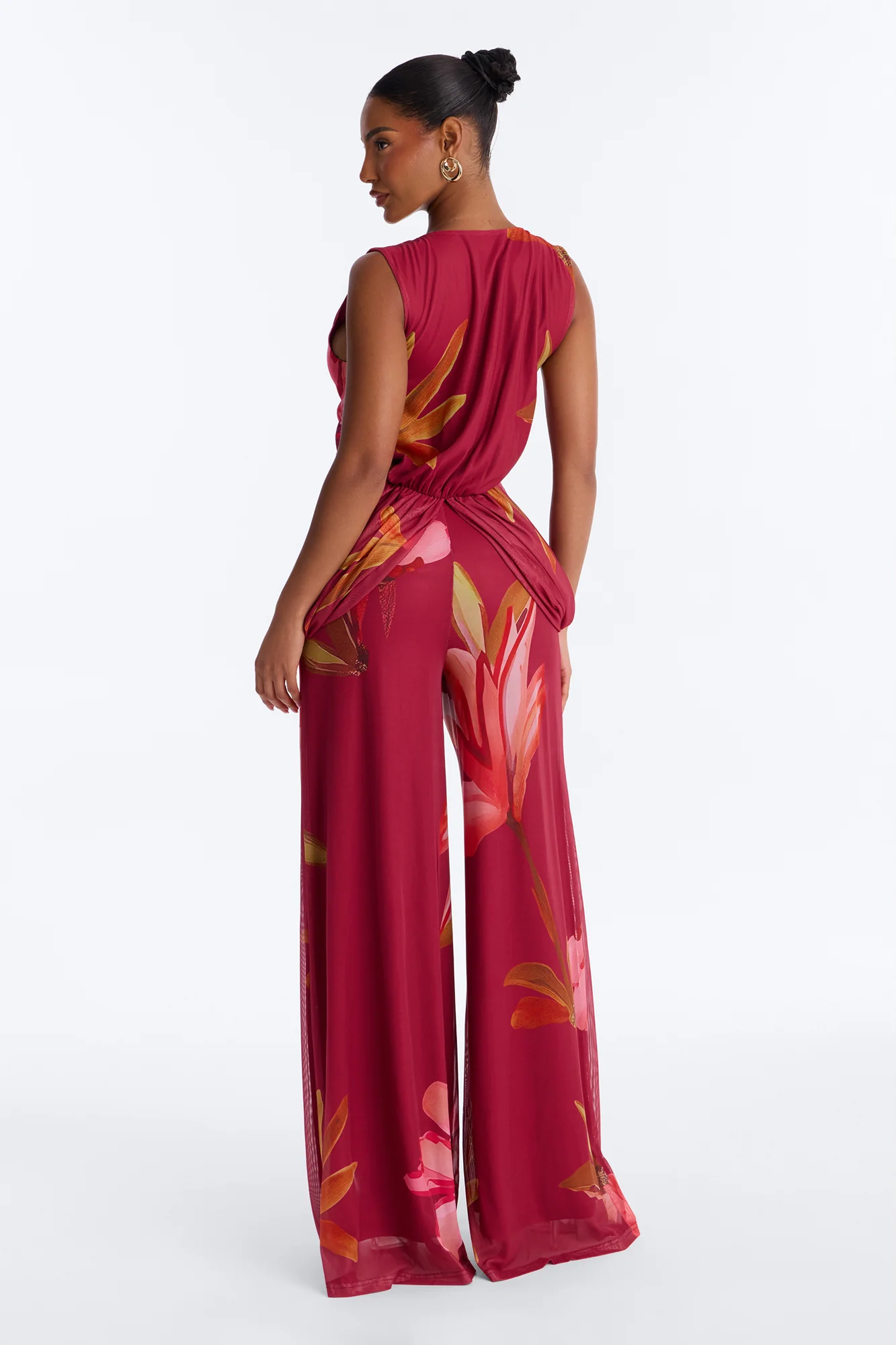 Mara Mesh Lace Trim Jumpsuit - Wine - Image 4