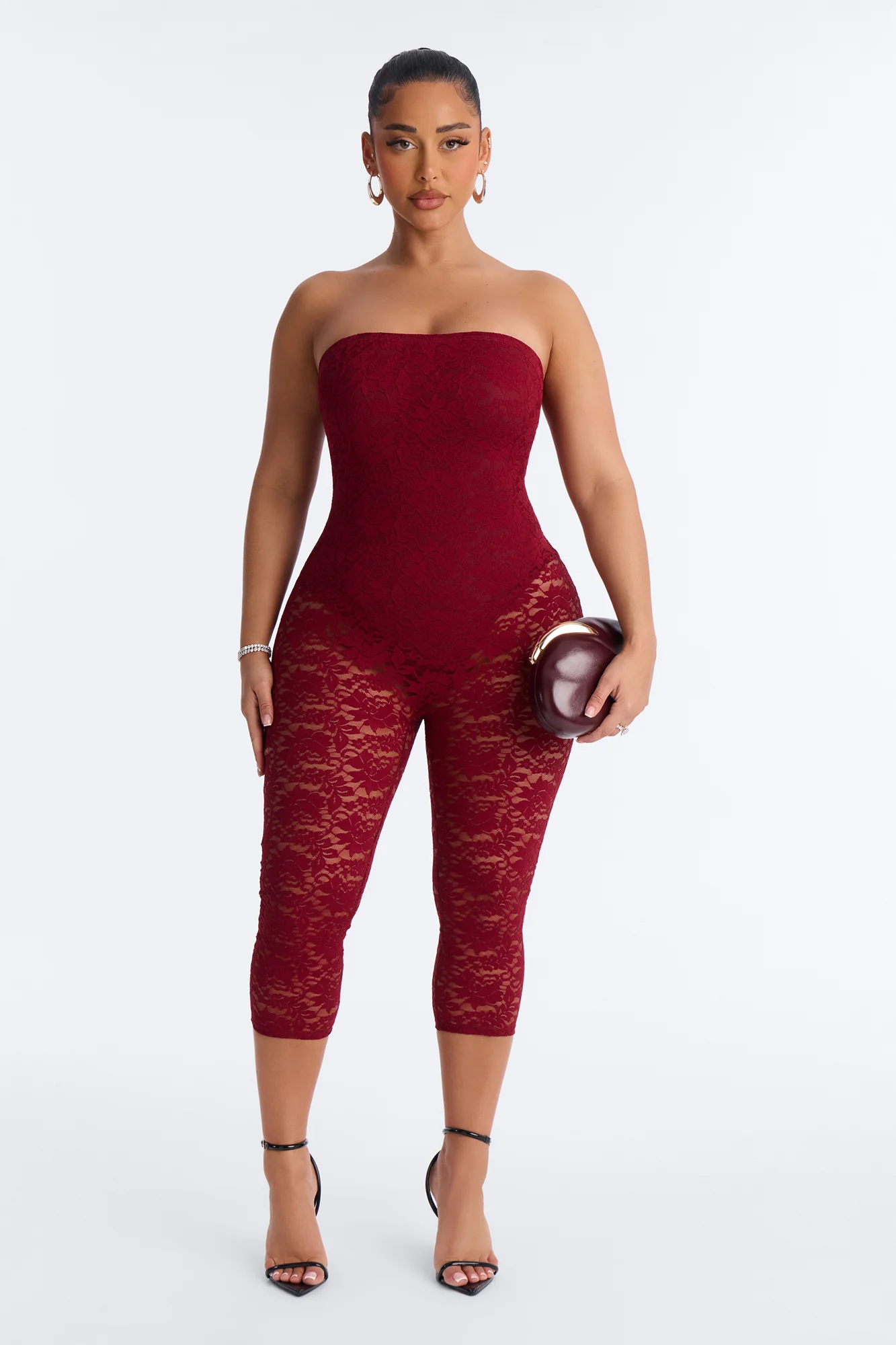Mara Strapless Lace Capri Catsuit - Wine