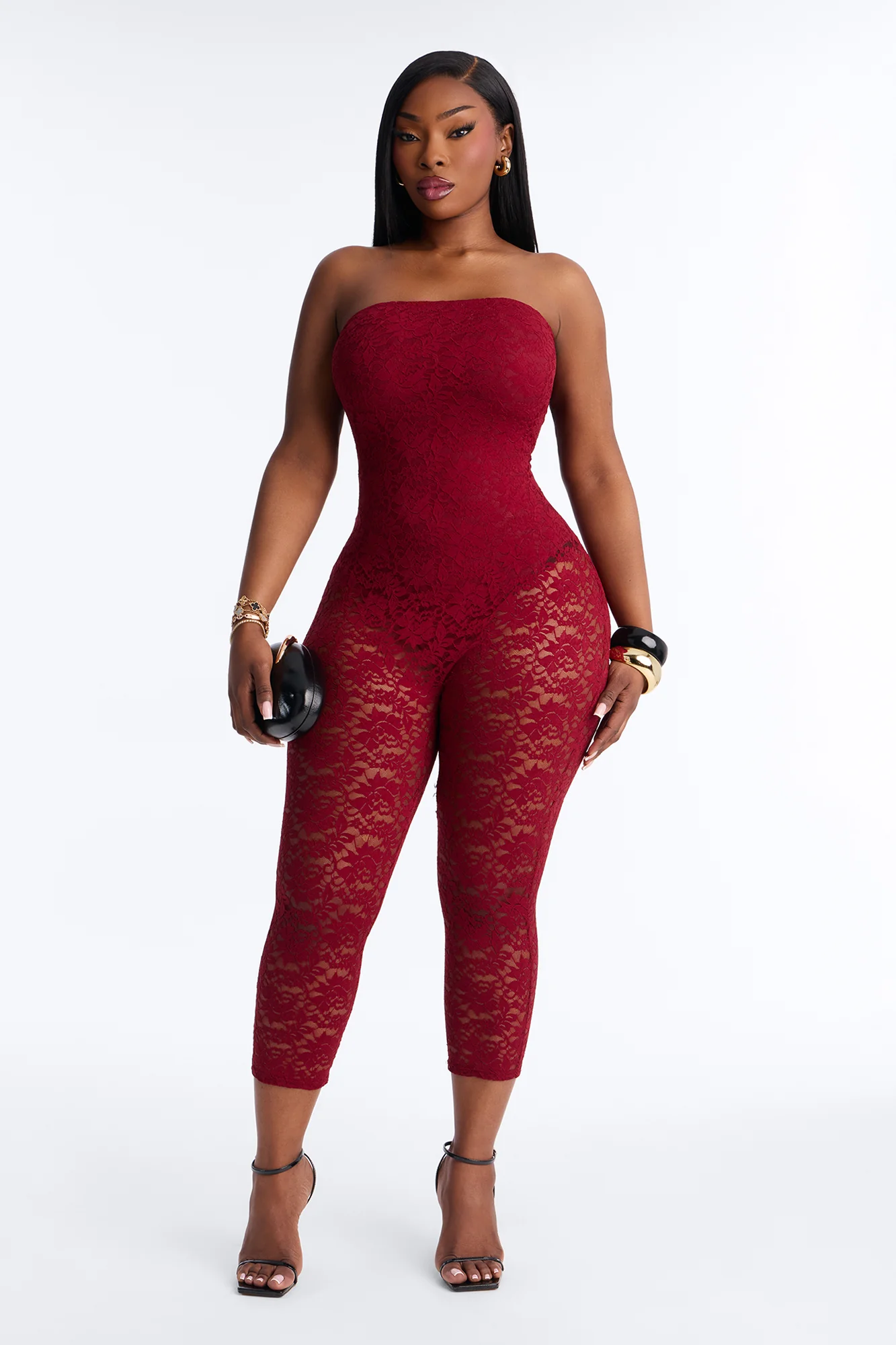 Mara Strapless Lace Capri Catsuit - Wine - Image 5