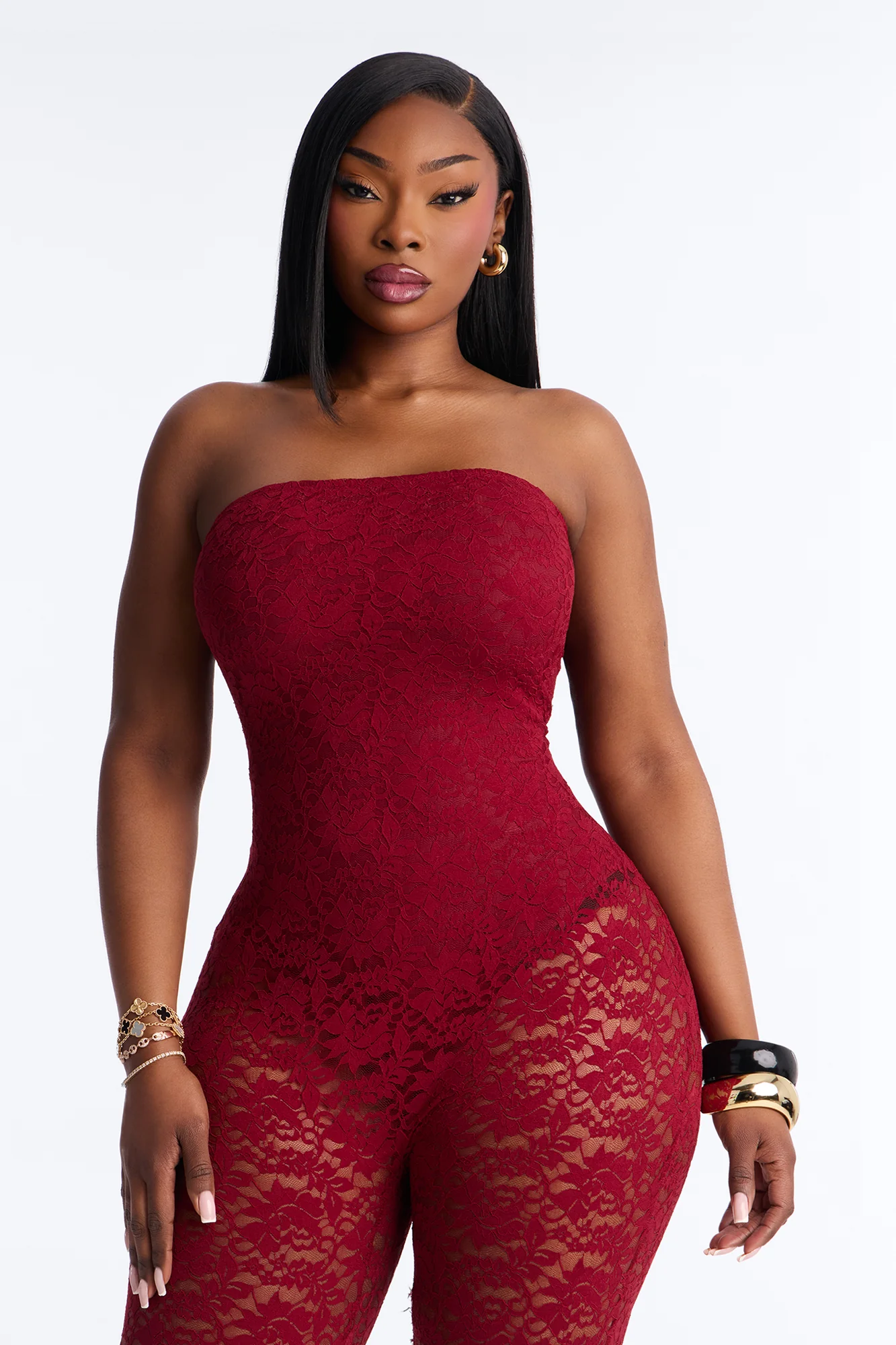 Mara Strapless Lace Capri Catsuit - Wine - Image 6