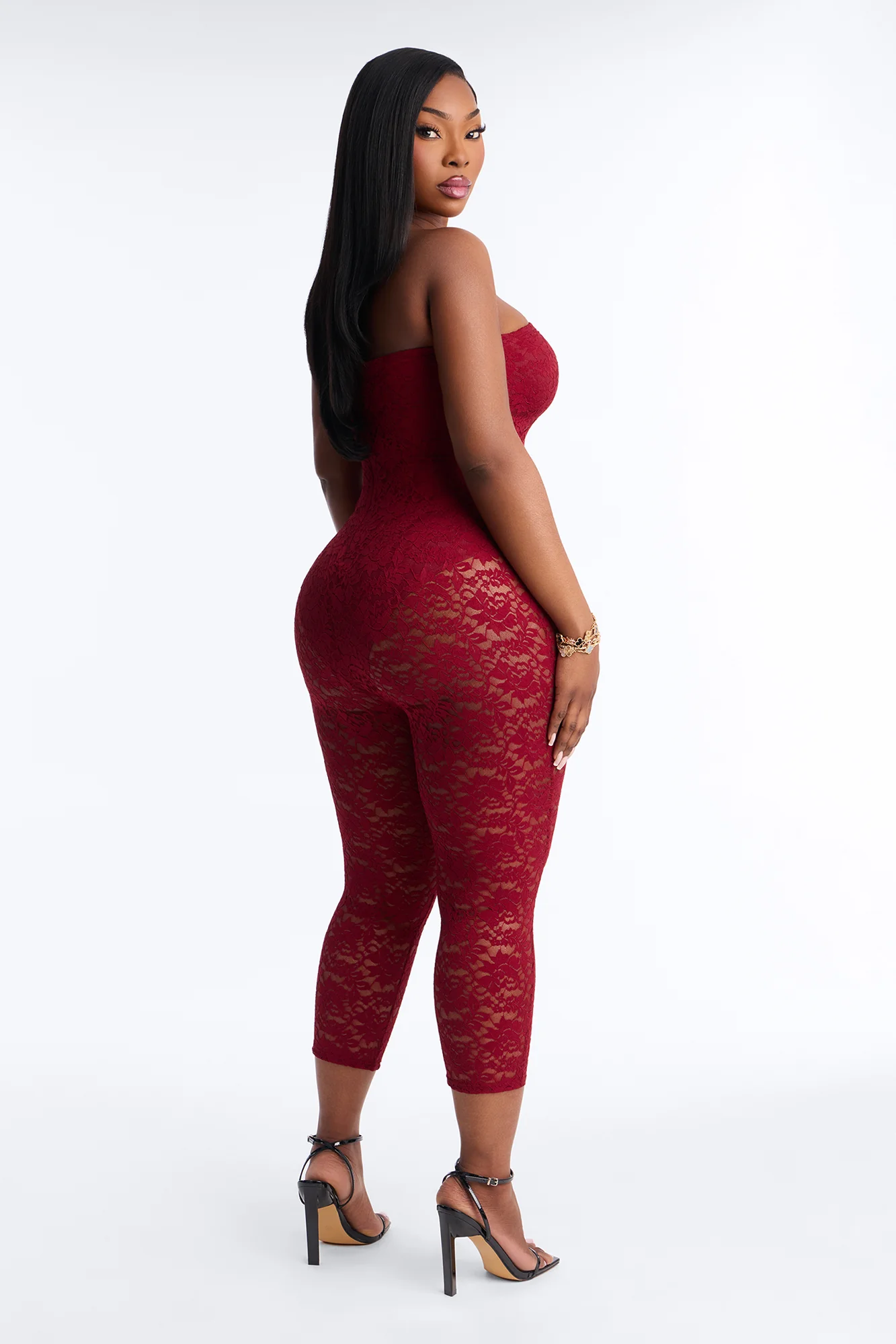 Mara Strapless Lace Capri Catsuit - Wine - Image 8