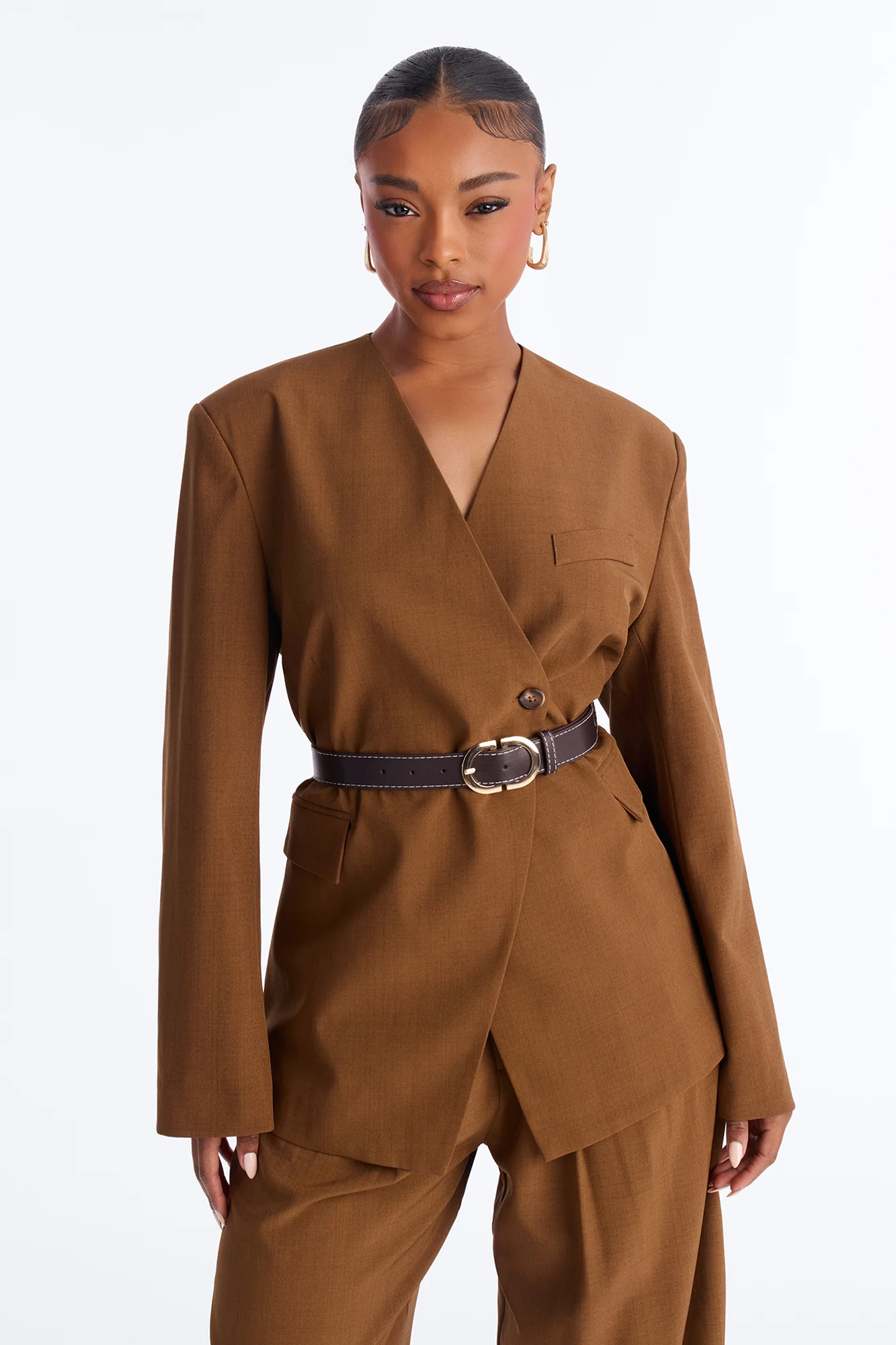 Marayah Belted Blazer Pant Set - Brown - Image 2
