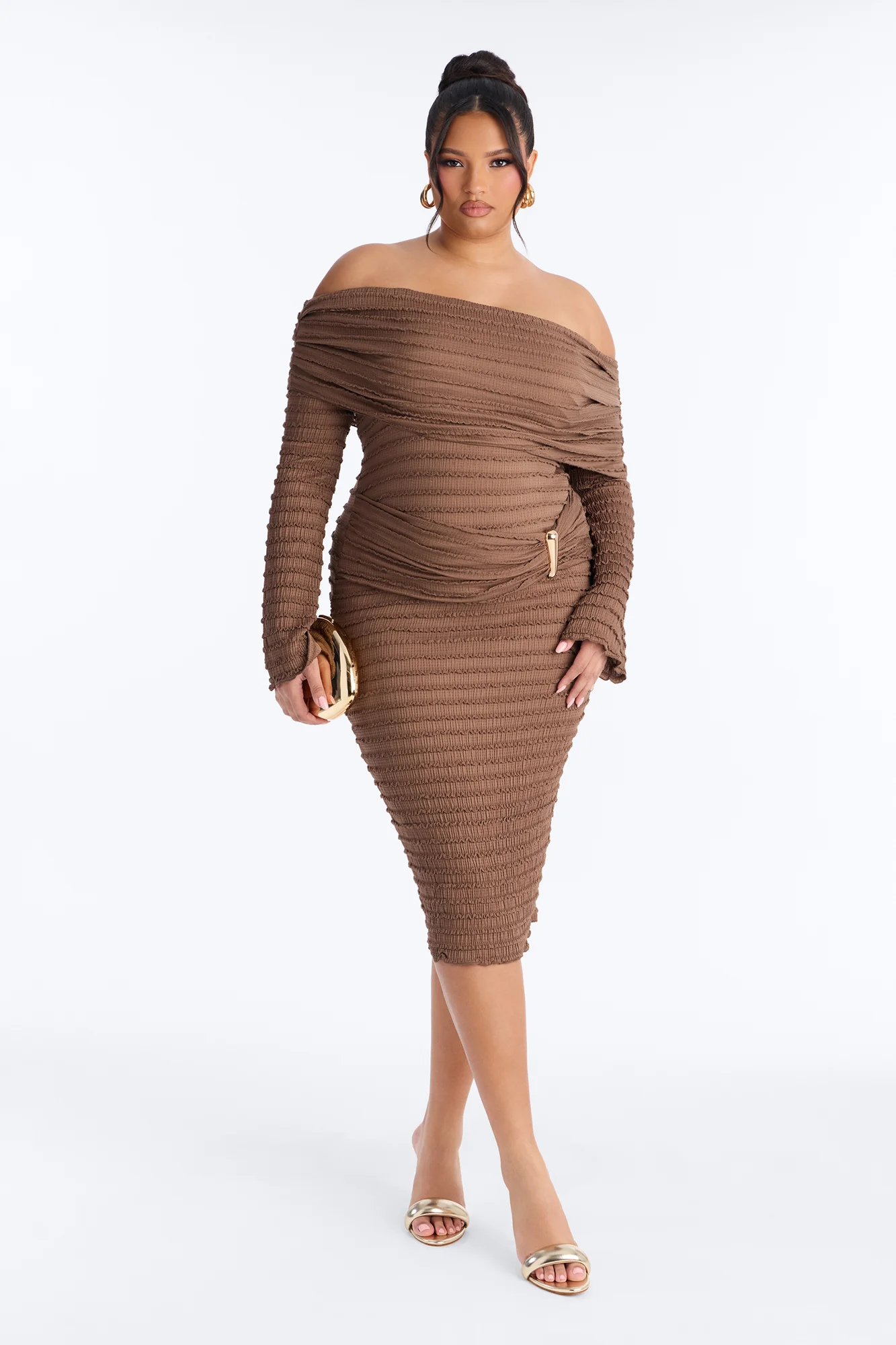 Marcy Off Shoulder Textured Midi Dress - Mocha - Image 6