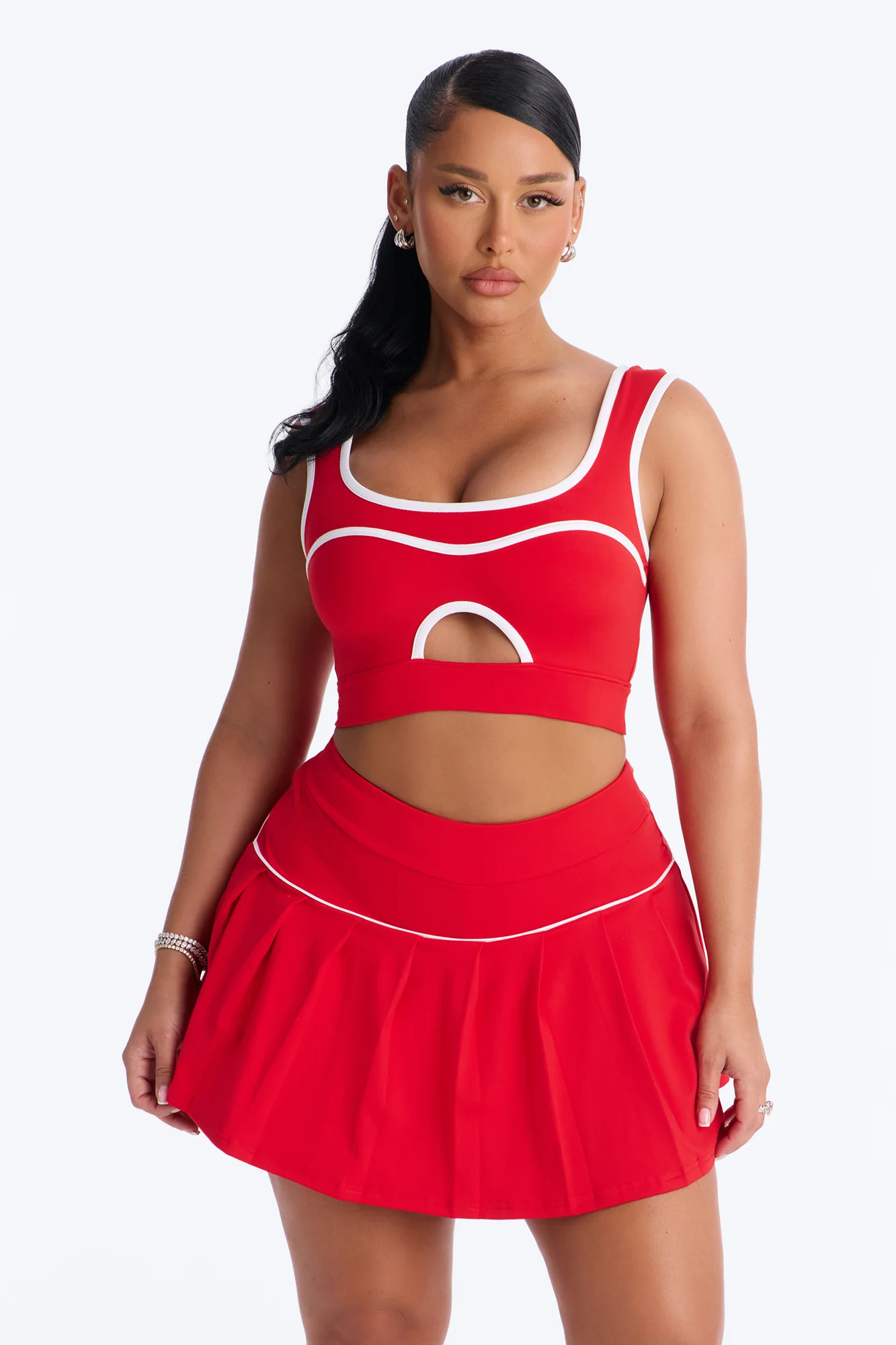Marcy Pleated Mini Skirt Set - Red/White